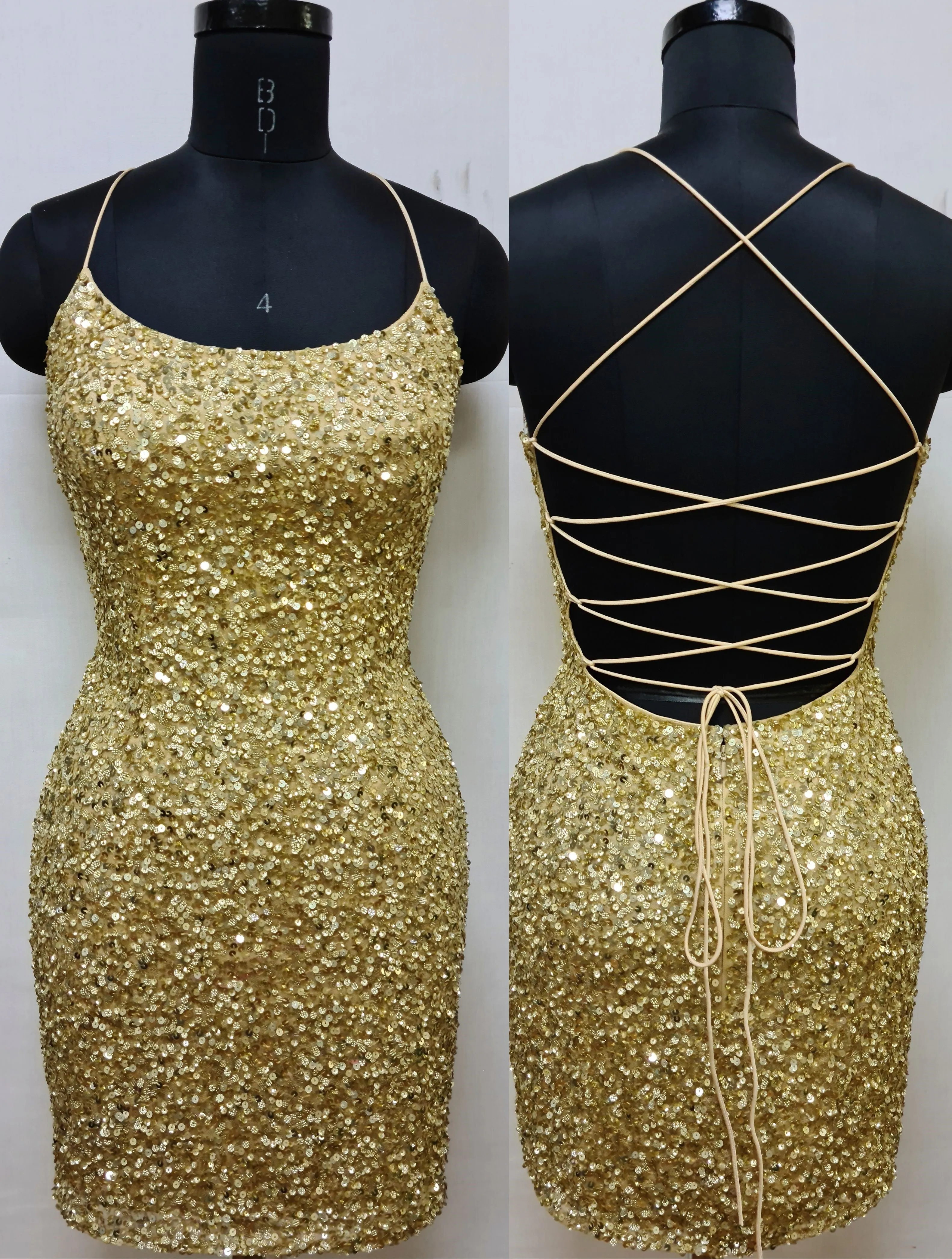Primavera Couture 3351 Size 2, 12 Gold Cocktail Dress  Short Fitted Sequin Backless Homecoming Dress