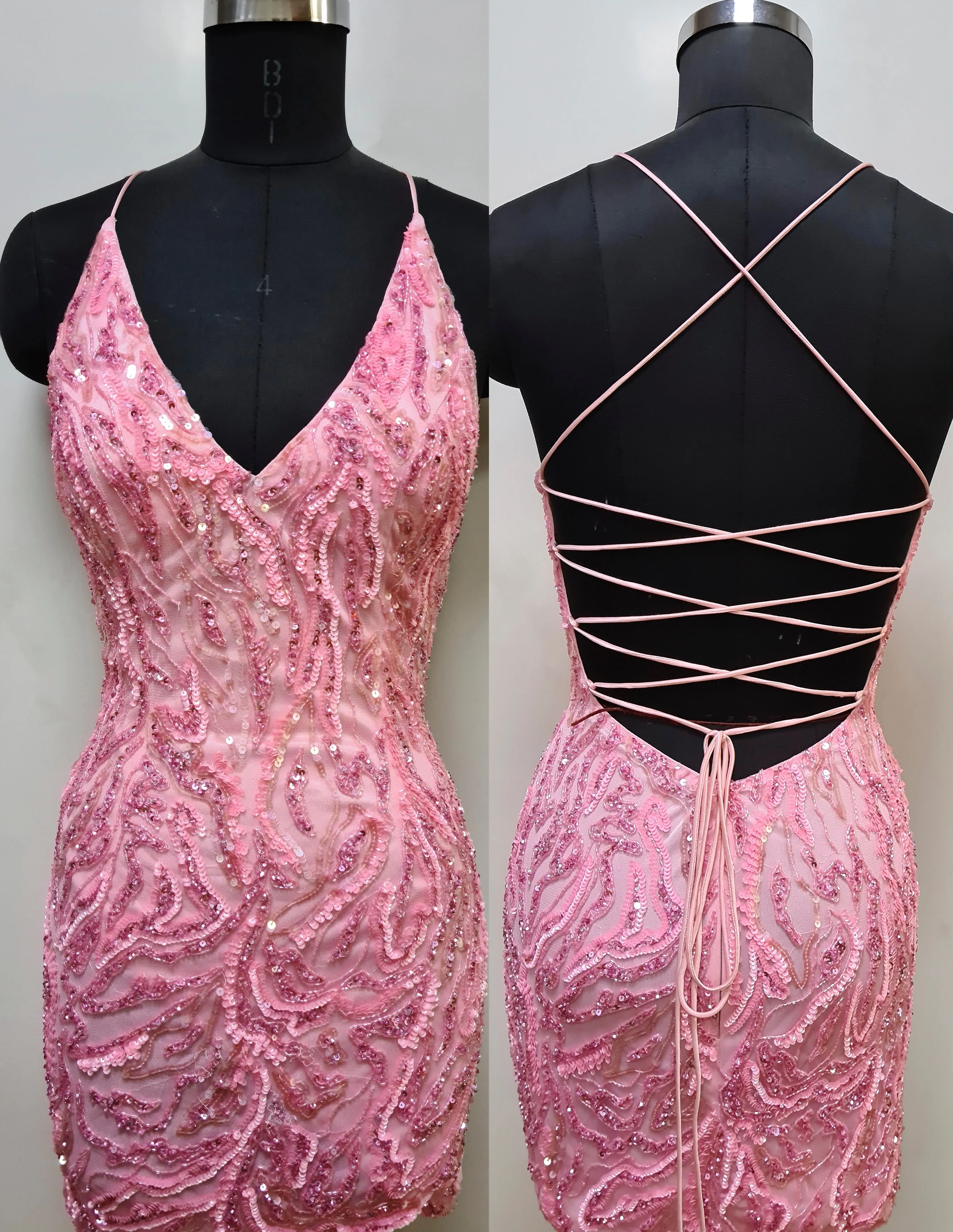 Primavera Couture 4022 Sheer Cocktail Dress Sequin Low Tie Back V-Neck Homecoming Dress