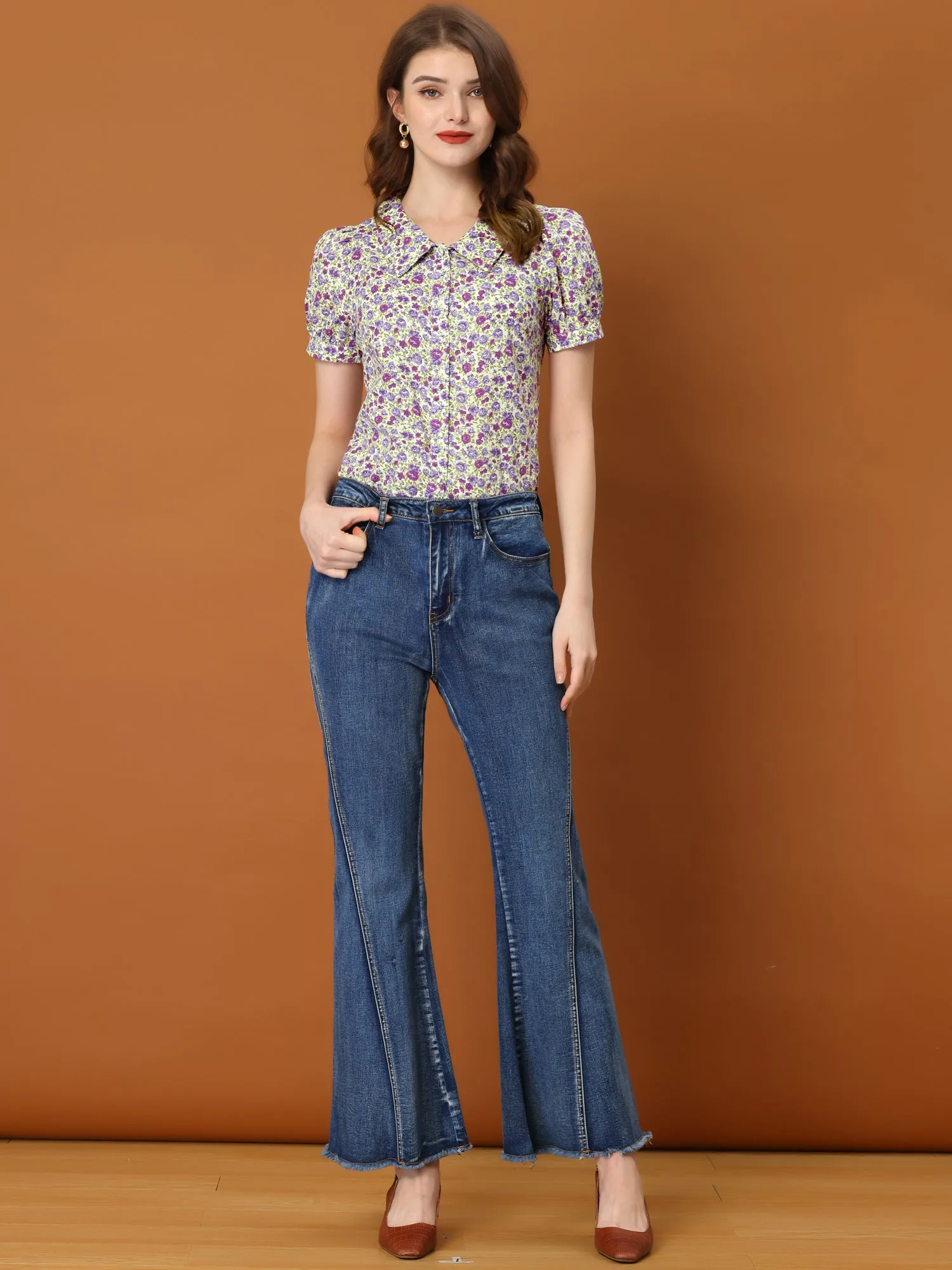 Puff Sleeve Shirt Point Collar Top Button Down Floral Blouse