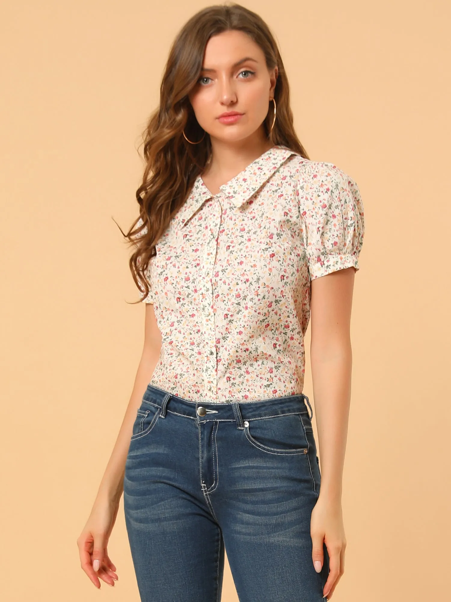 Puff Sleeve Shirt Point Collar Top Button Down Floral Blouse