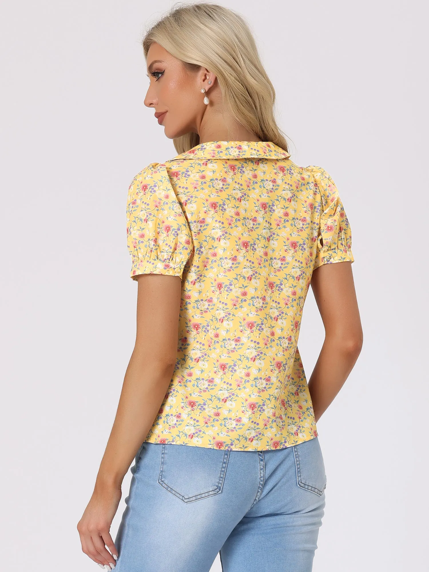 Puff Sleeve Shirt Point Collar Top Button Down Floral Blouse
