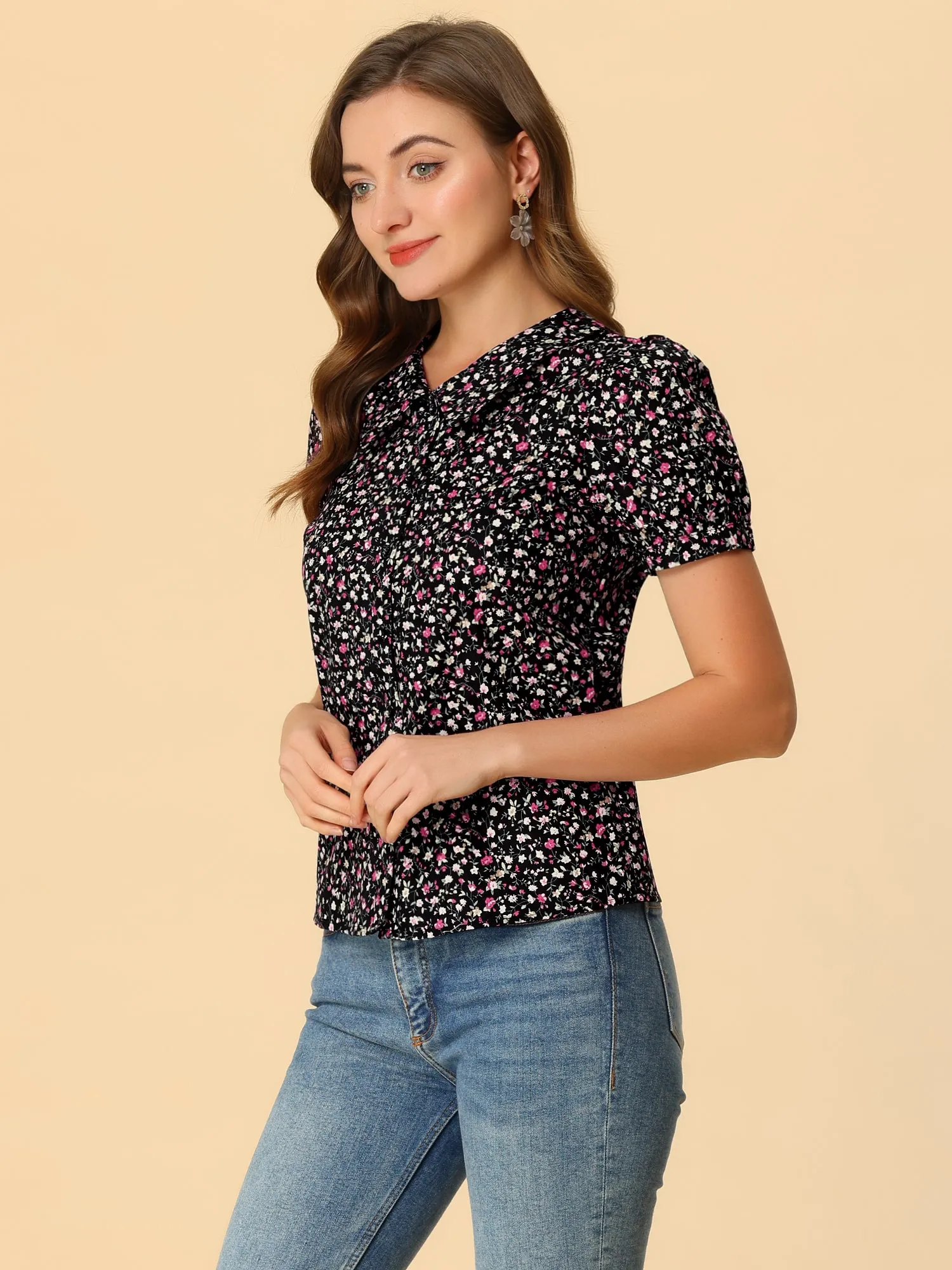Puff Sleeve Shirt Point Collar Top Button Down Floral Blouse
