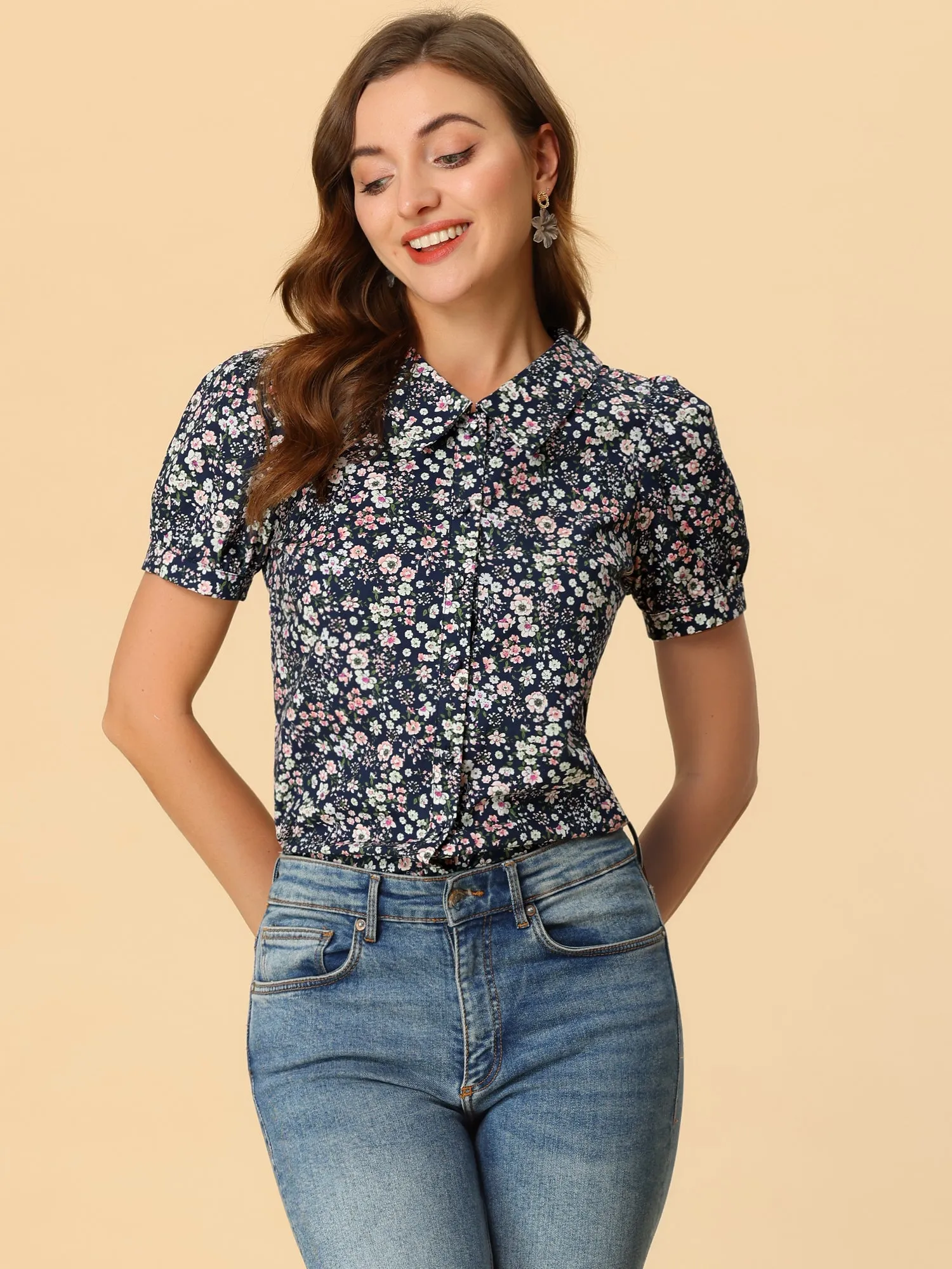 Puff Sleeve Shirt Point Collar Top Button Down Floral Blouse