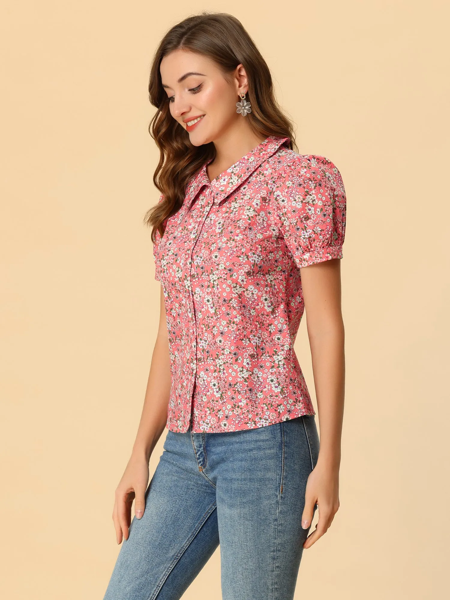Puff Sleeve Shirt Point Collar Top Button Down Floral Blouse