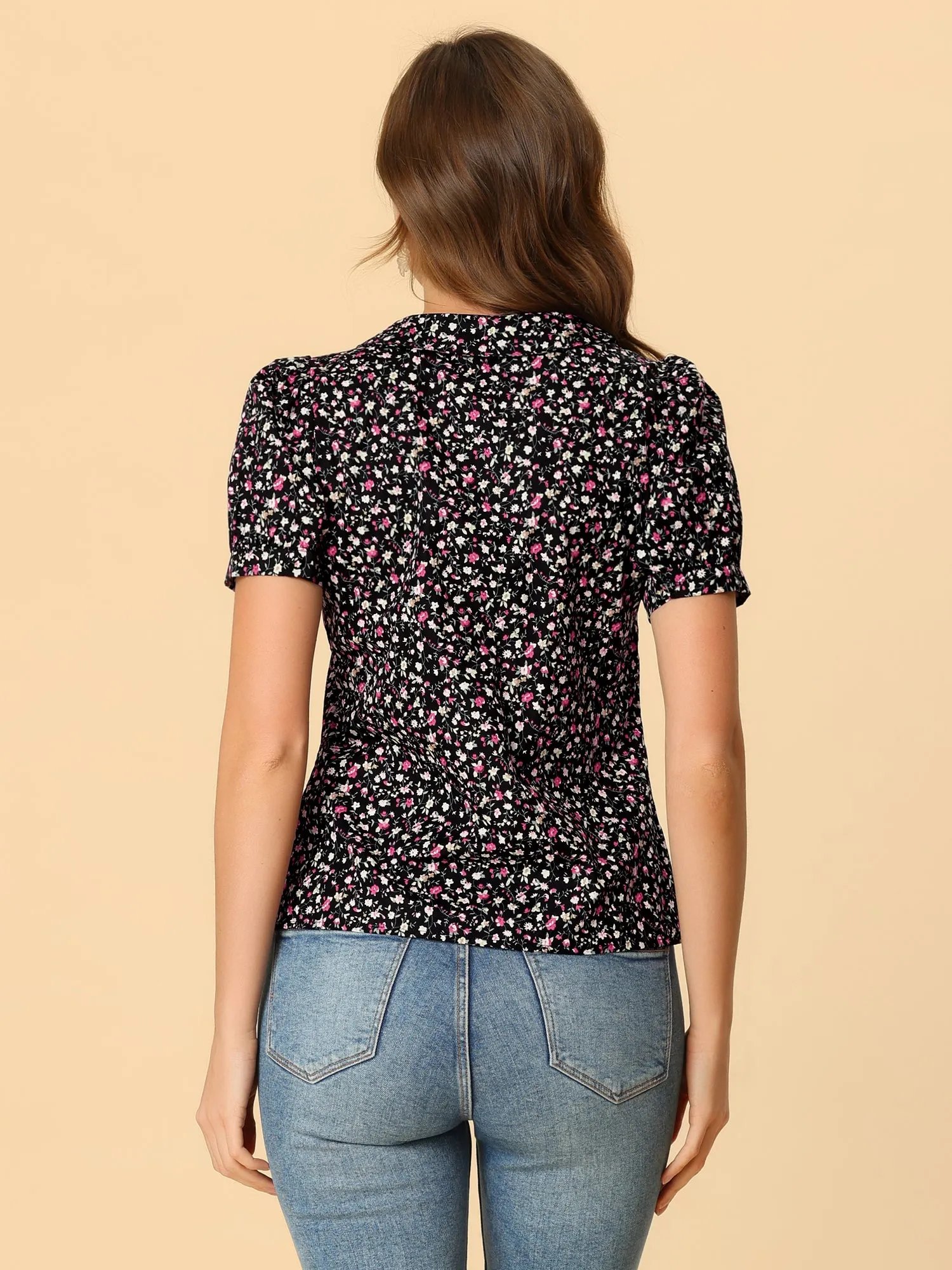 Puff Sleeve Shirt Point Collar Top Button Down Floral Blouse