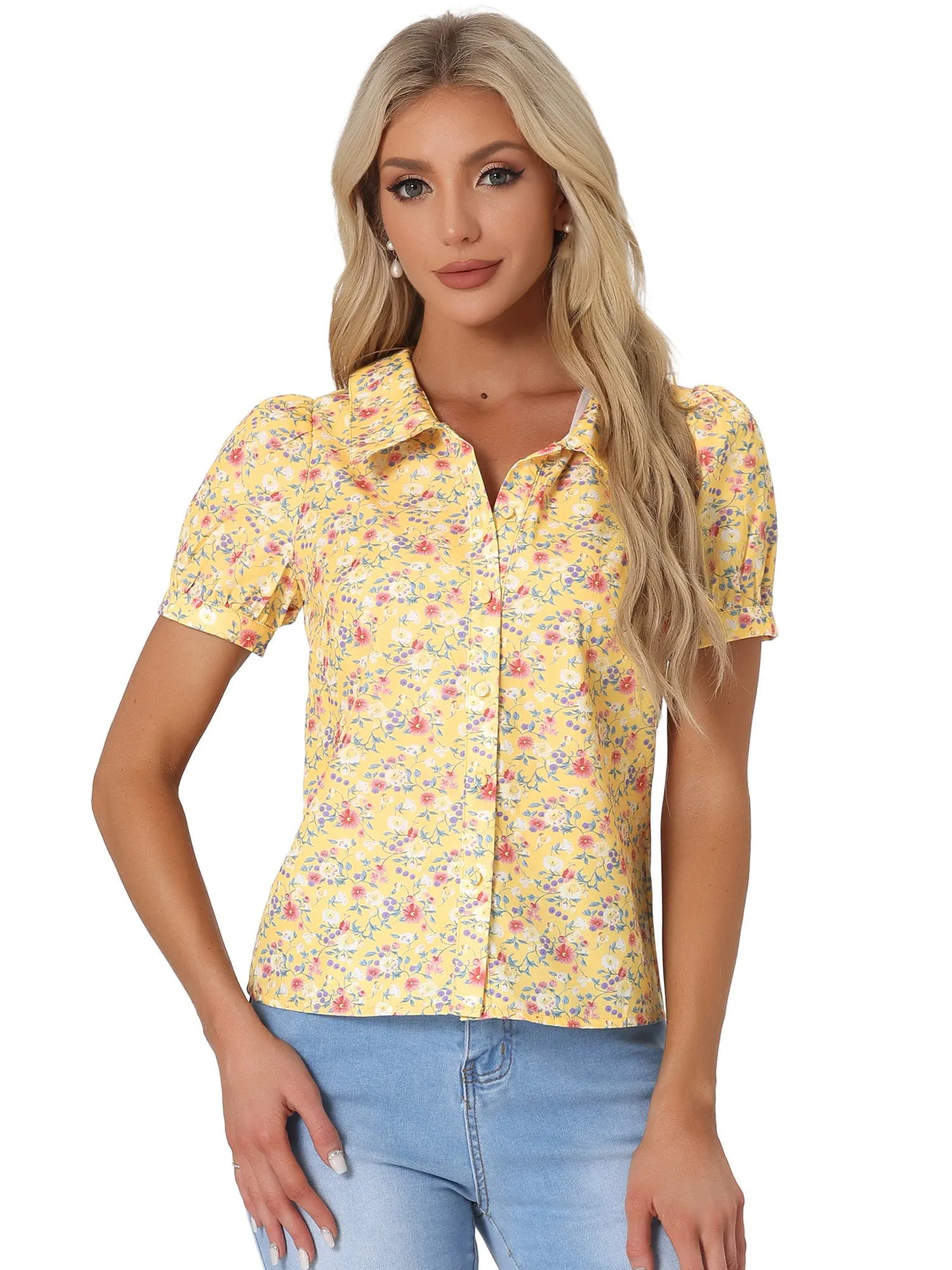 Puff Sleeve Shirt Point Collar Top Button Down Floral Blouse