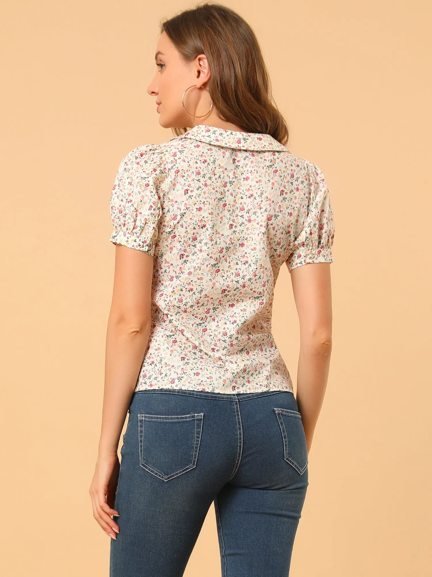 Puff Sleeve Shirt Point Collar Top Button Down Floral Blouse