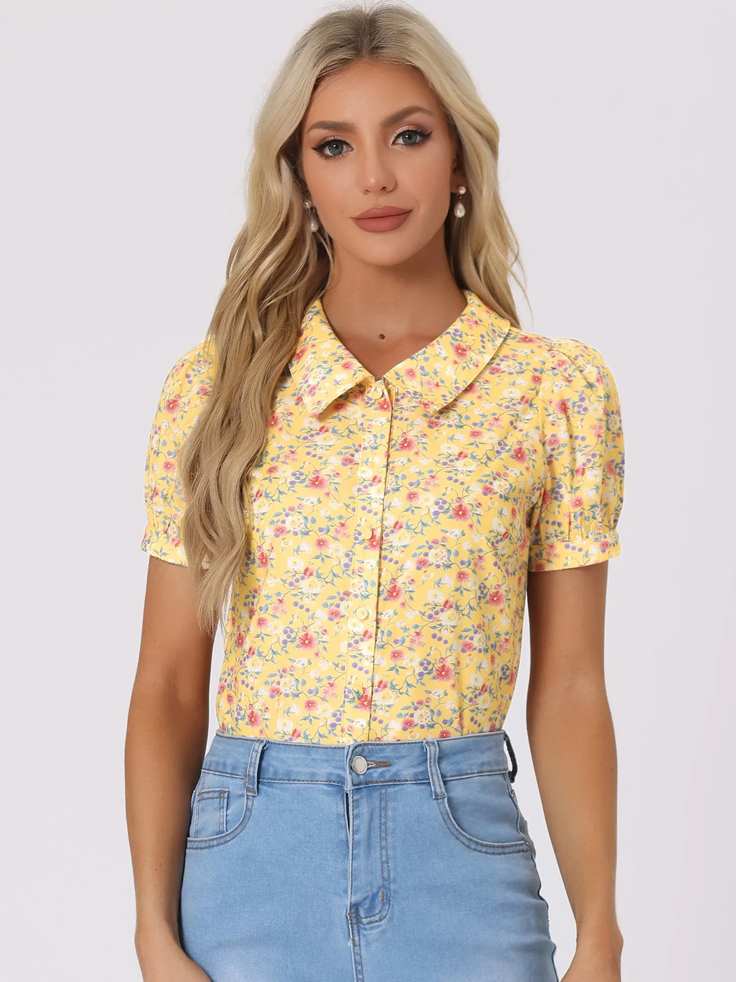 Puff Sleeve Shirt Point Collar Top Button Down Floral Blouse