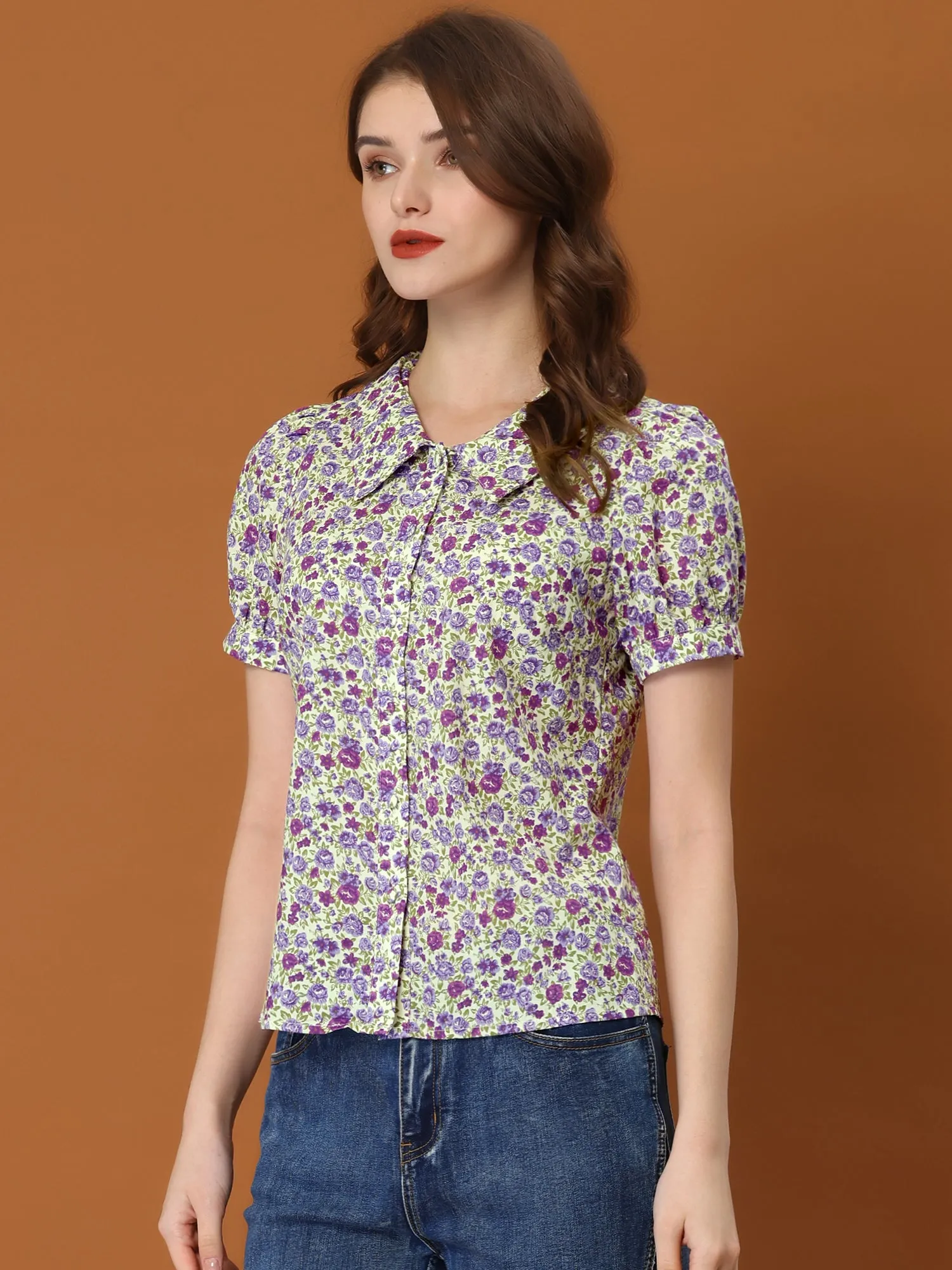 Puff Sleeve Shirt Point Collar Top Button Down Floral Blouse