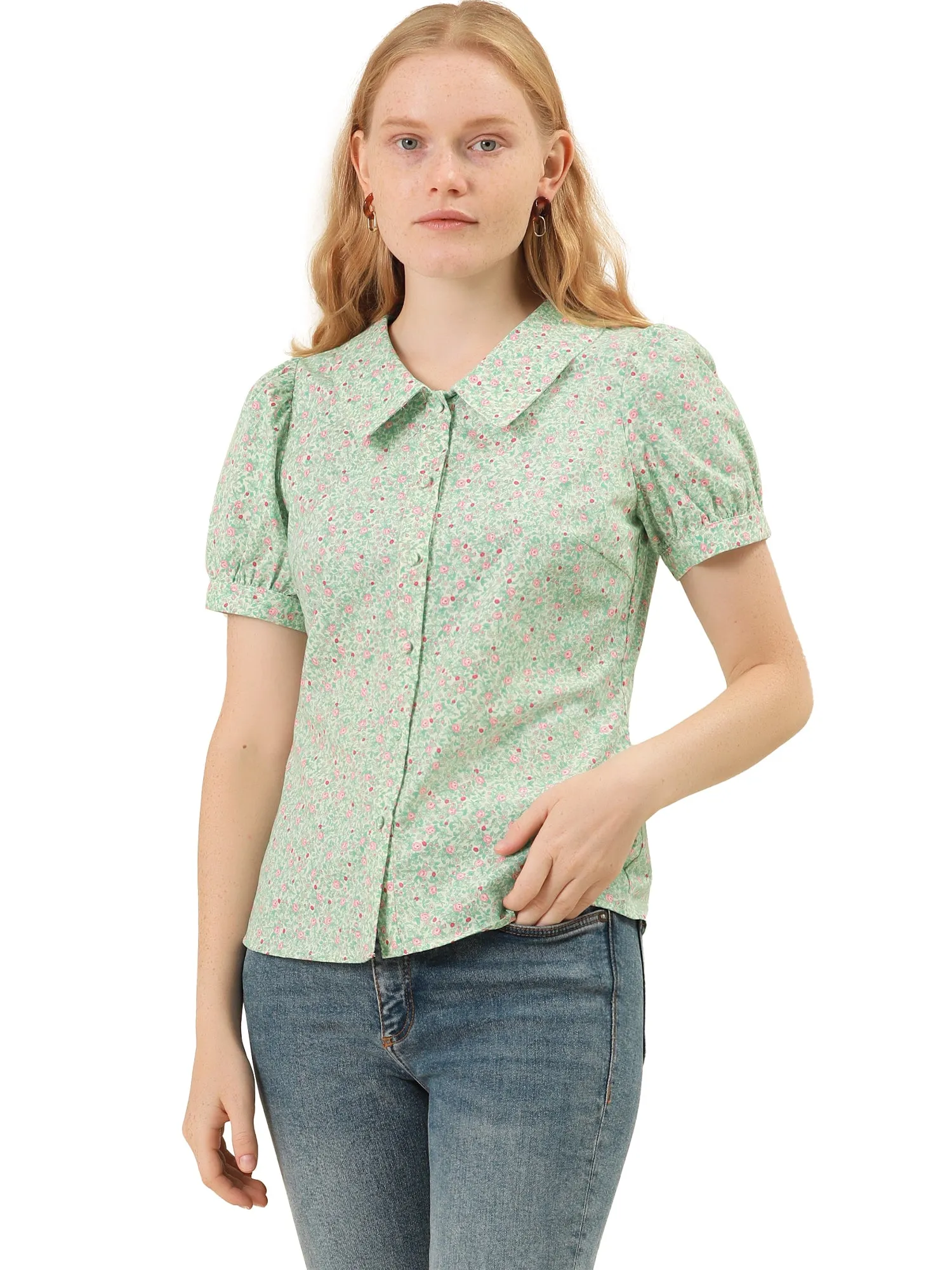 Puff Sleeve Shirt Point Collar Top Button Down Floral Blouse