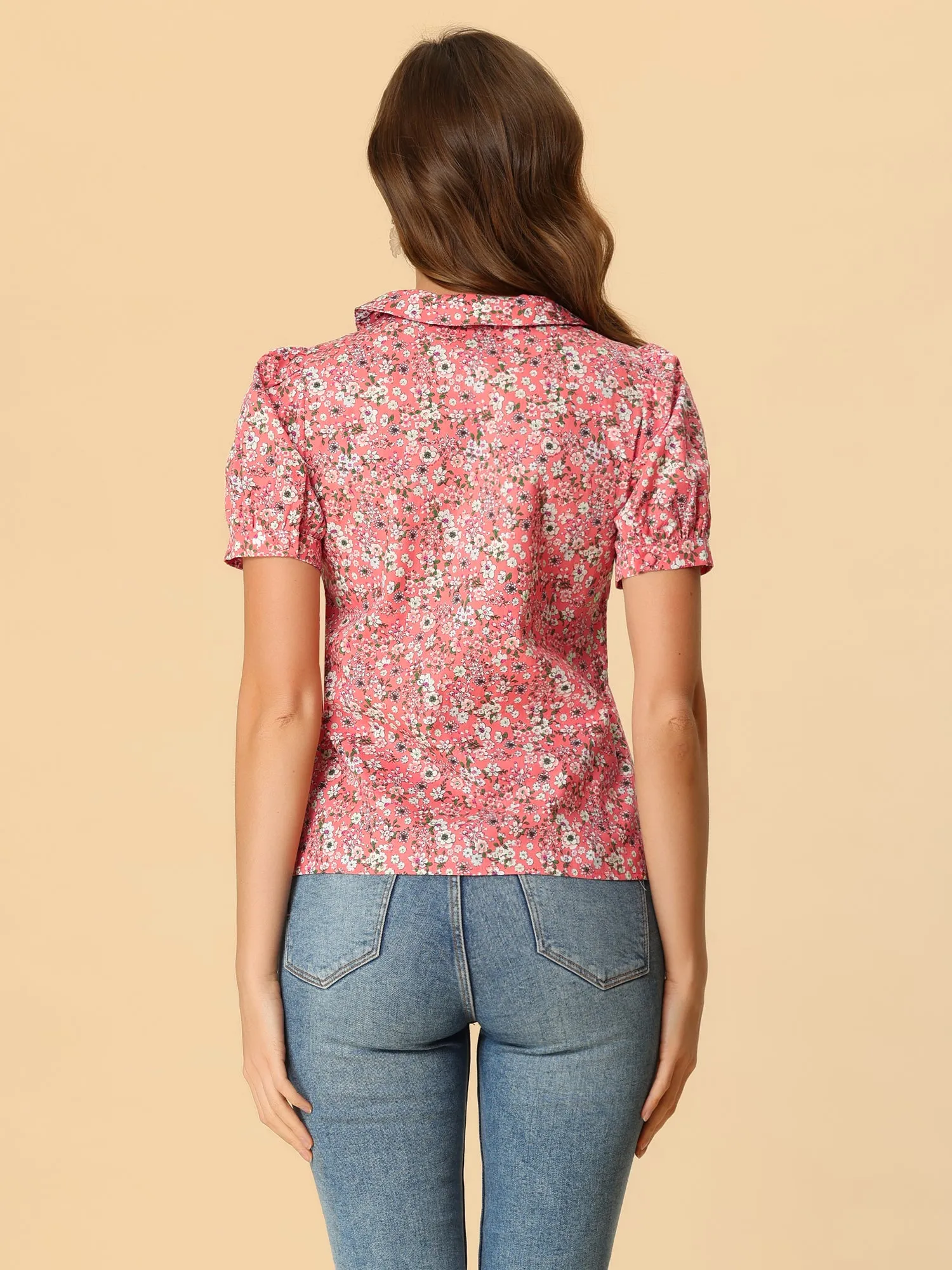 Puff Sleeve Shirt Point Collar Top Button Down Floral Blouse