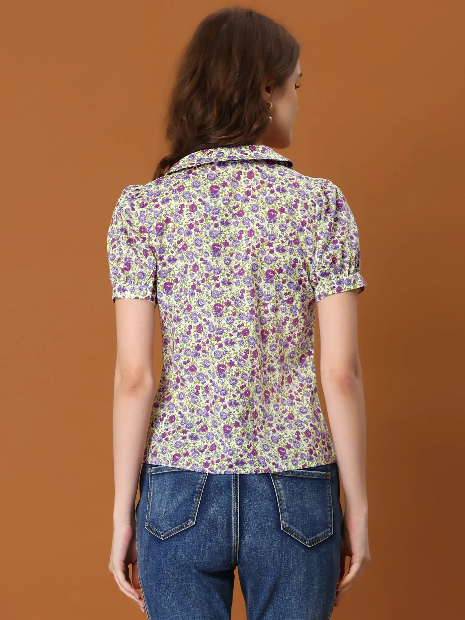 Puff Sleeve Shirt Point Collar Top Button Down Floral Blouse
