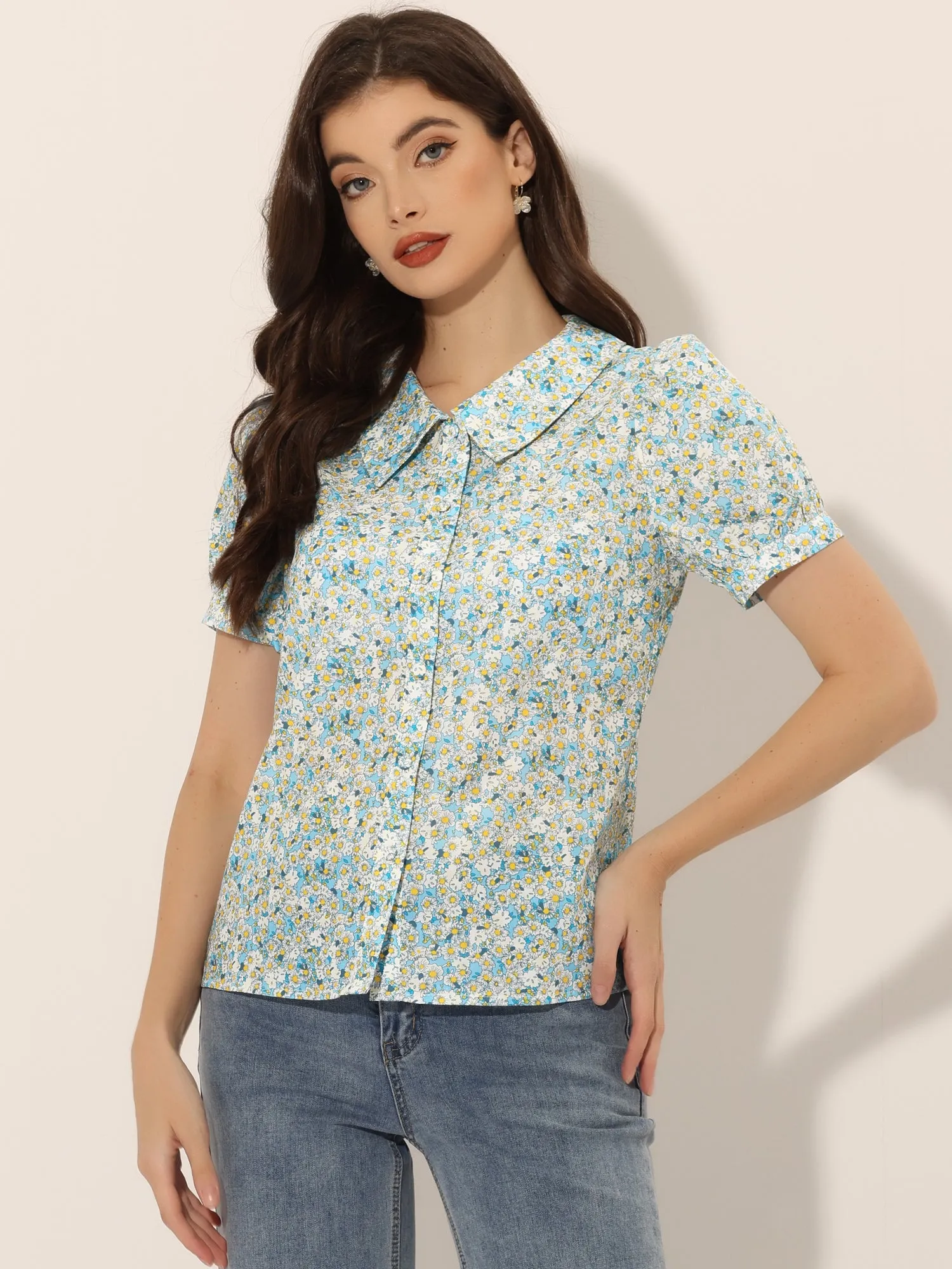 Puff Sleeve Shirt Point Collar Top Button Down Floral Blouse