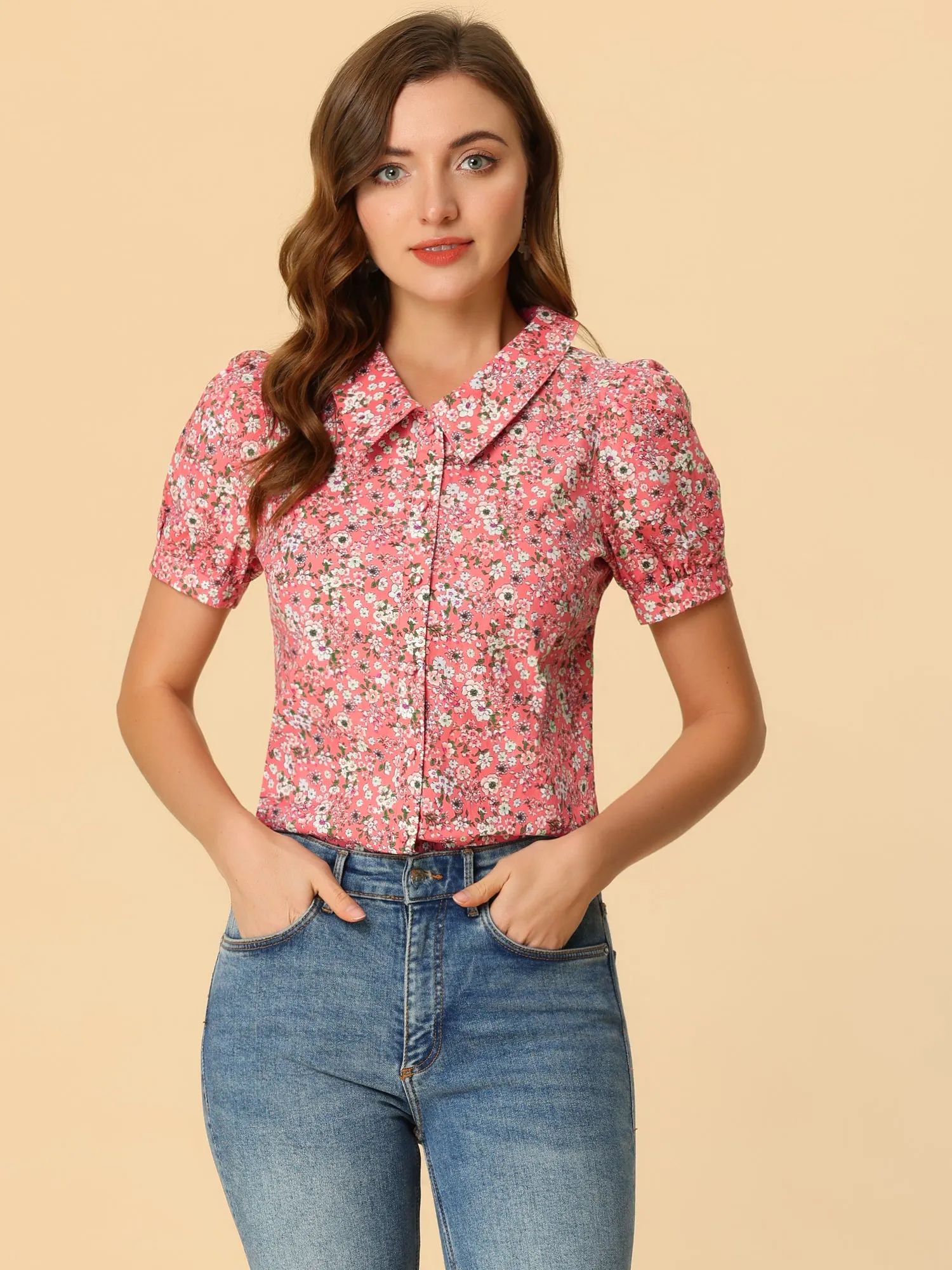 Puff Sleeve Shirt Point Collar Top Button Down Floral Blouse