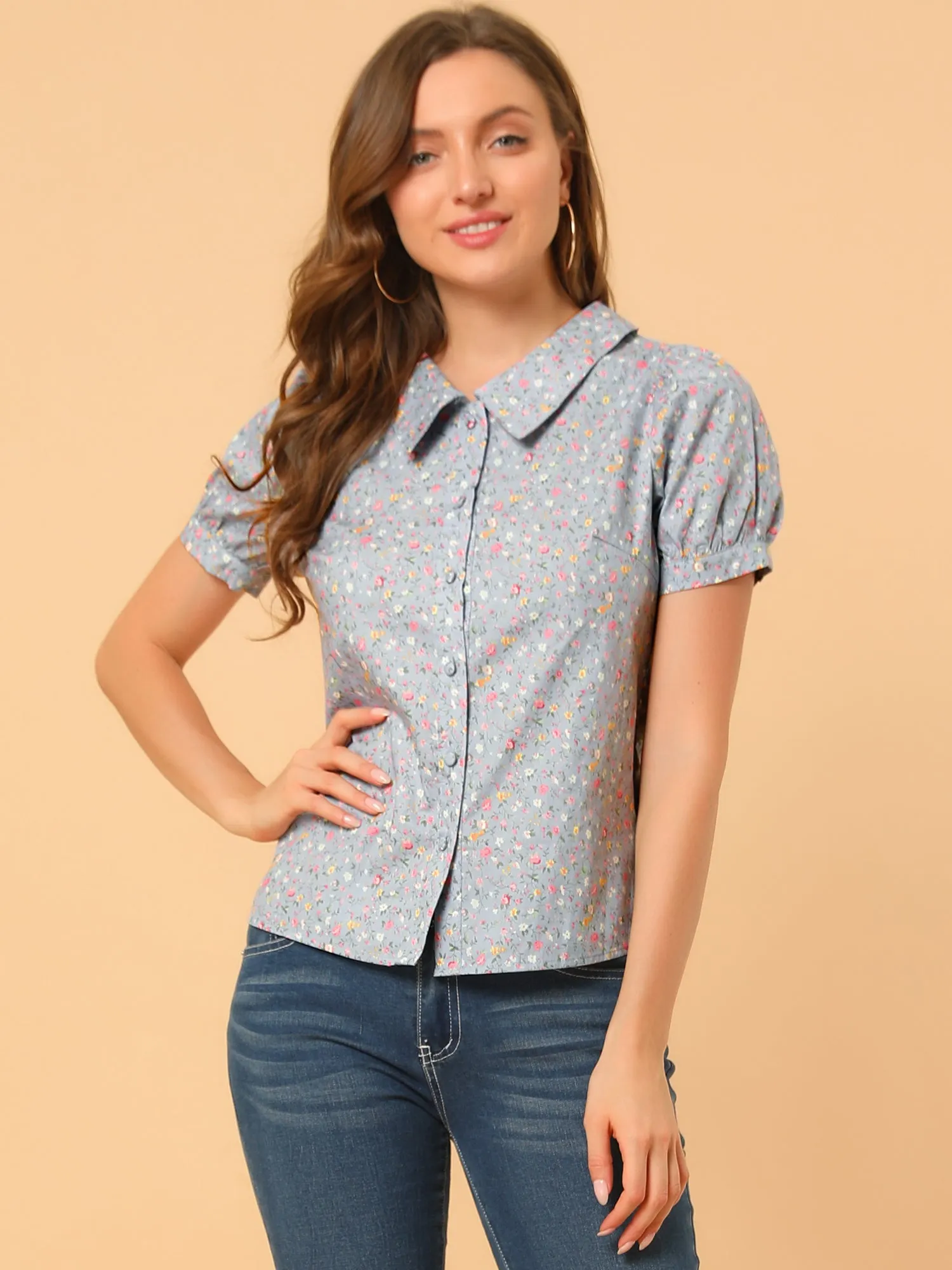 Puff Sleeve Shirt Point Collar Top Button Down Floral Blouse