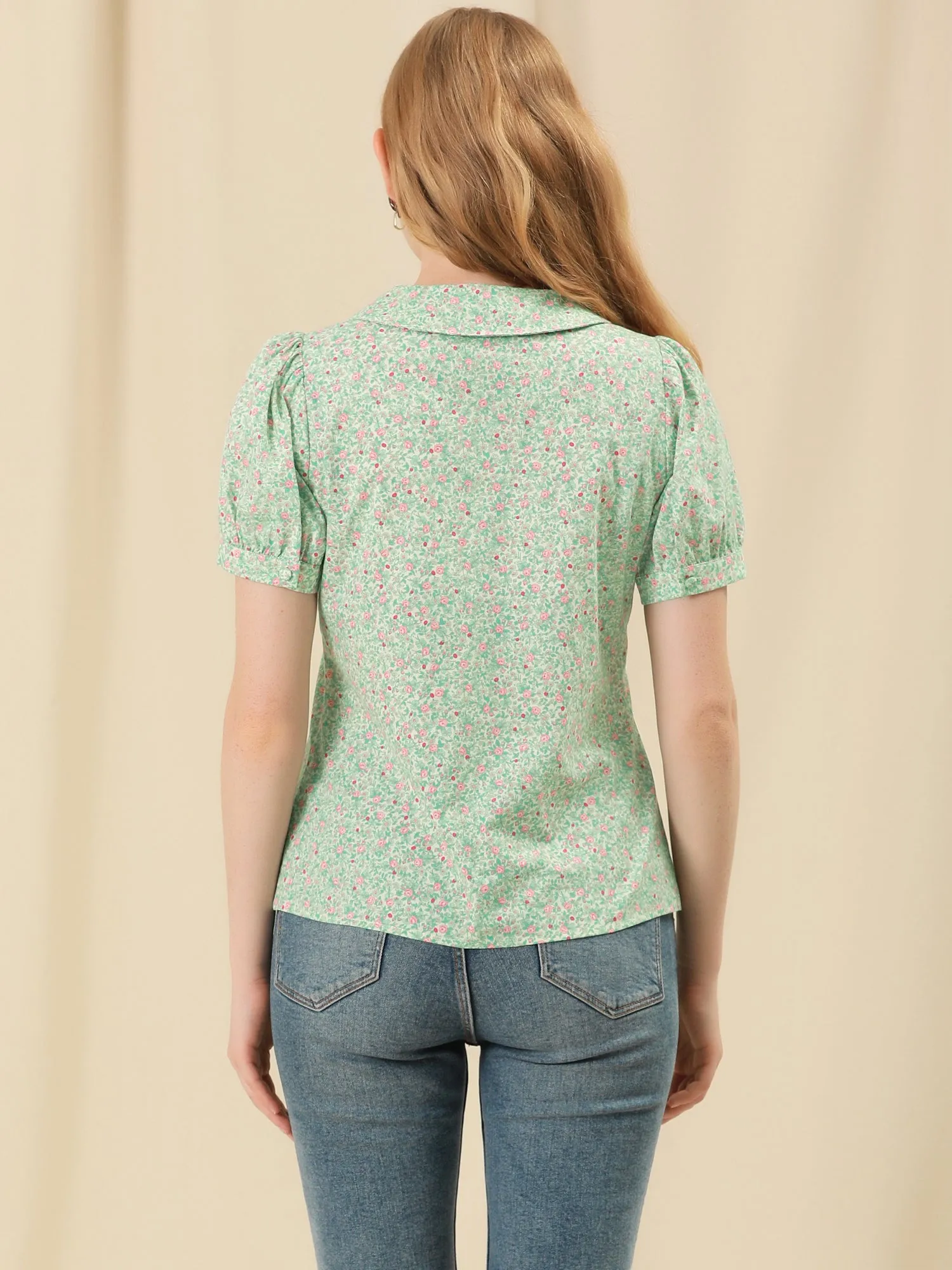Puff Sleeve Shirt Point Collar Top Button Down Floral Blouse