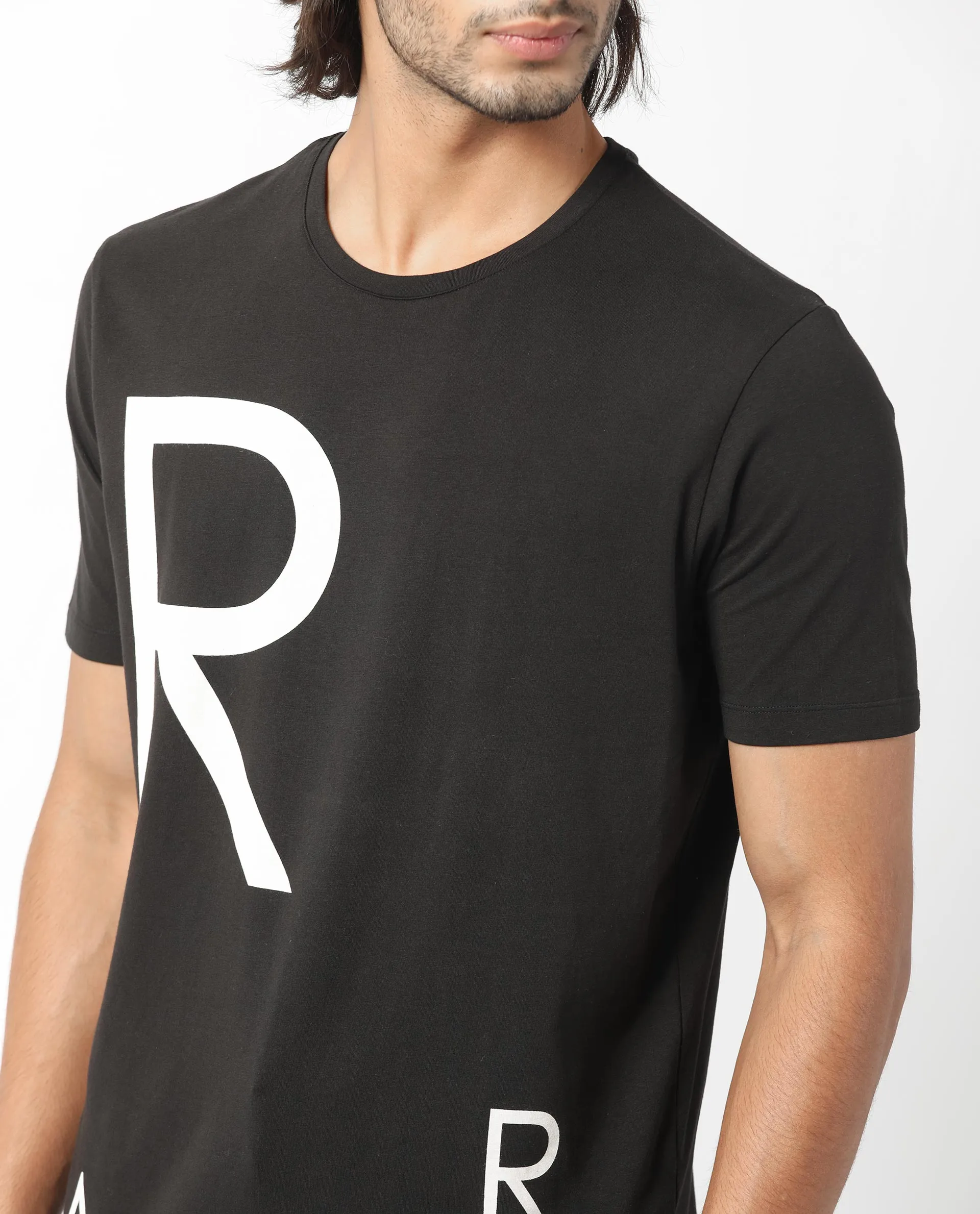 Rare Rabbit Men's Drover Black Crew Neck Overall Placement Print Branding Half Sleeves T-Shirt