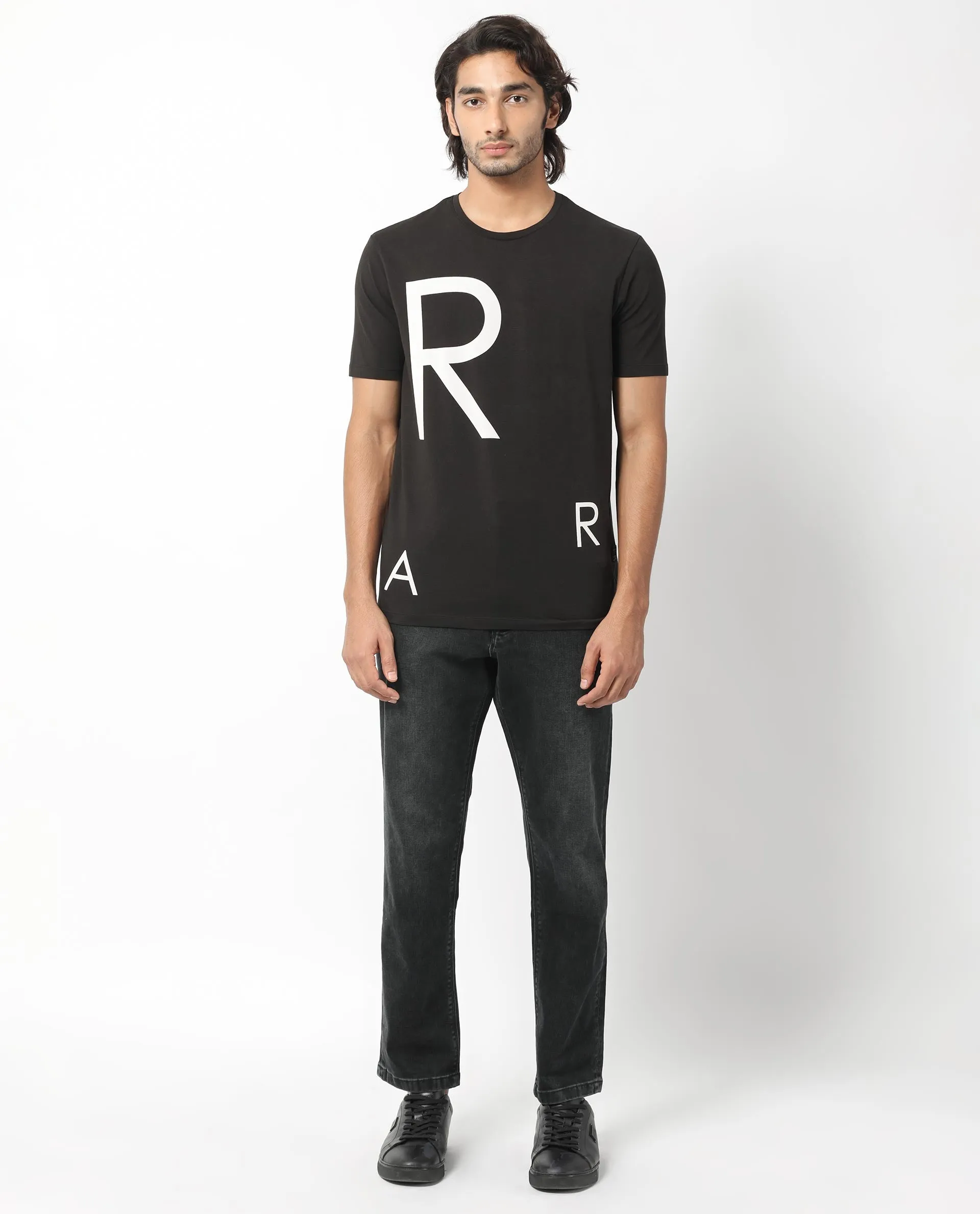 Rare Rabbit Men's Drover Black Crew Neck Overall Placement Print Branding Half Sleeves T-Shirt
