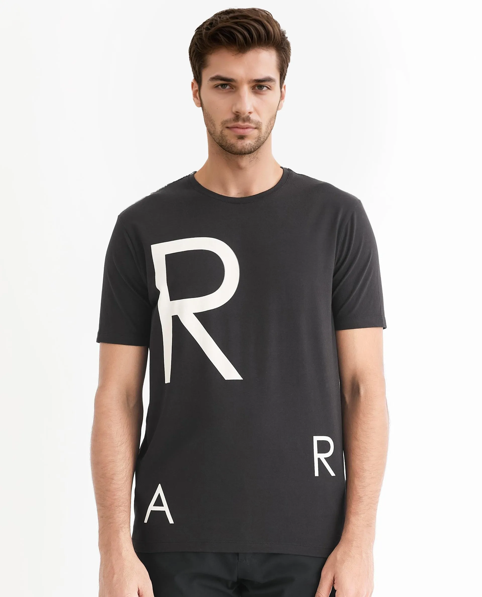 Rare Rabbit Men's Drover Black Crew Neck Overall Placement Print Branding Half Sleeves T-Shirt