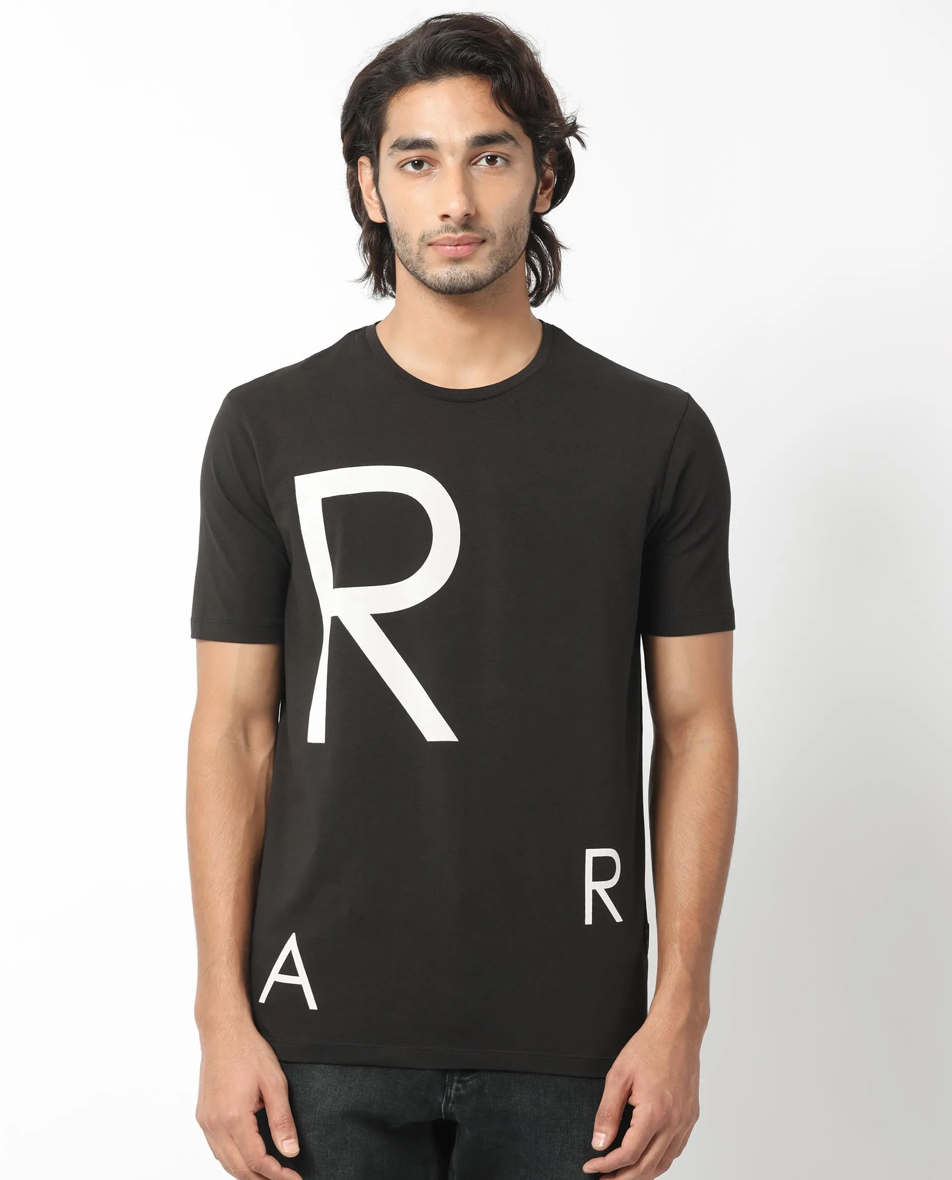 Rare Rabbit Men's Drover Black Crew Neck Overall Placement Print Branding Half Sleeves T-Shirt
