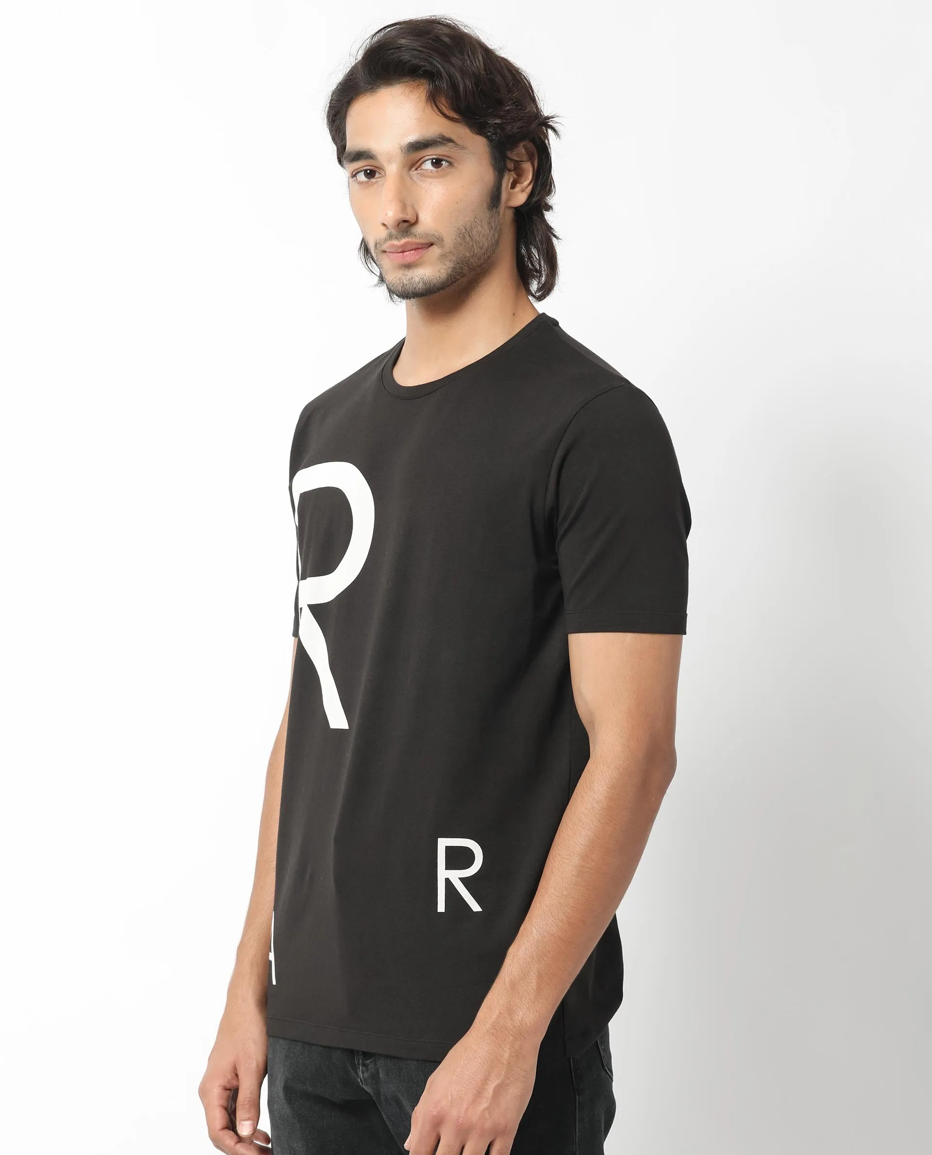 Rare Rabbit Men's Drover Black Crew Neck Overall Placement Print Branding Half Sleeves T-Shirt