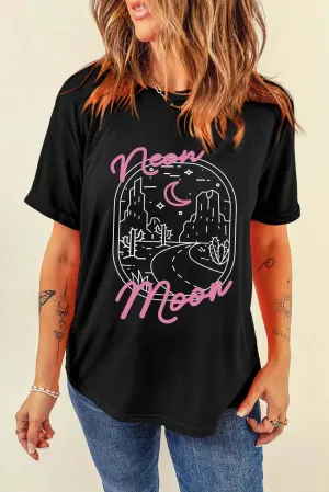 Round Neck Short Sleeve Neon Moon Graphic T-Shirt