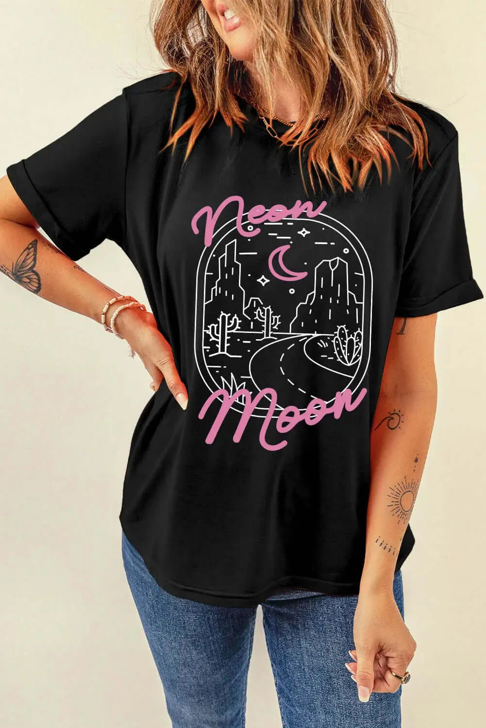 Round Neck Short Sleeve Neon Moon Graphic T-Shirt
