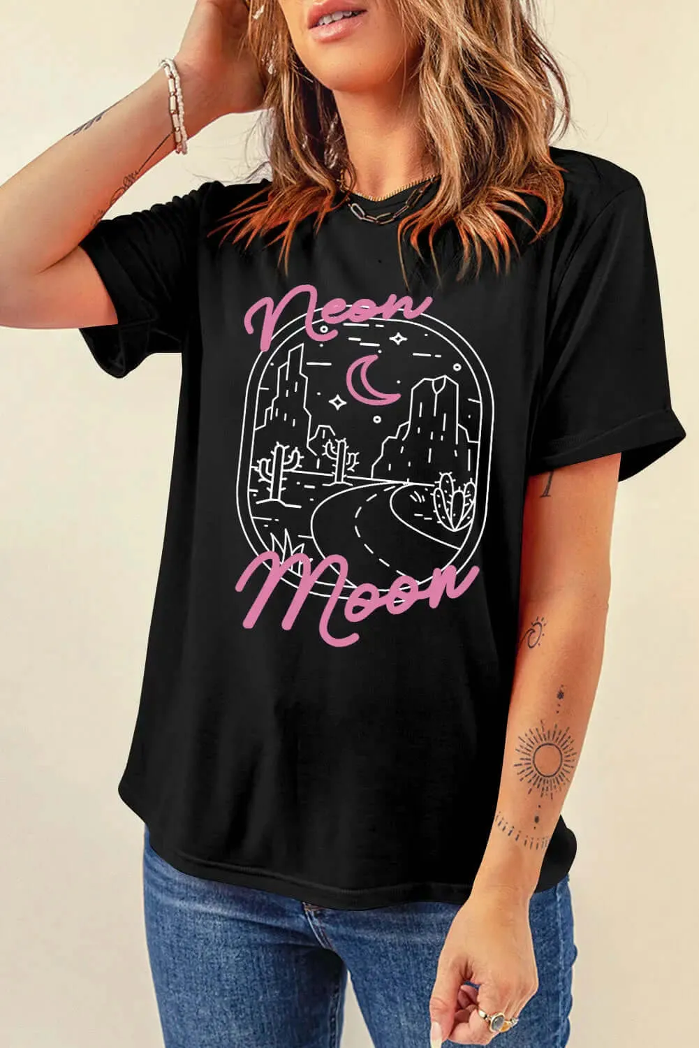 Round Neck Short Sleeve Neon Moon Graphic T-Shirt