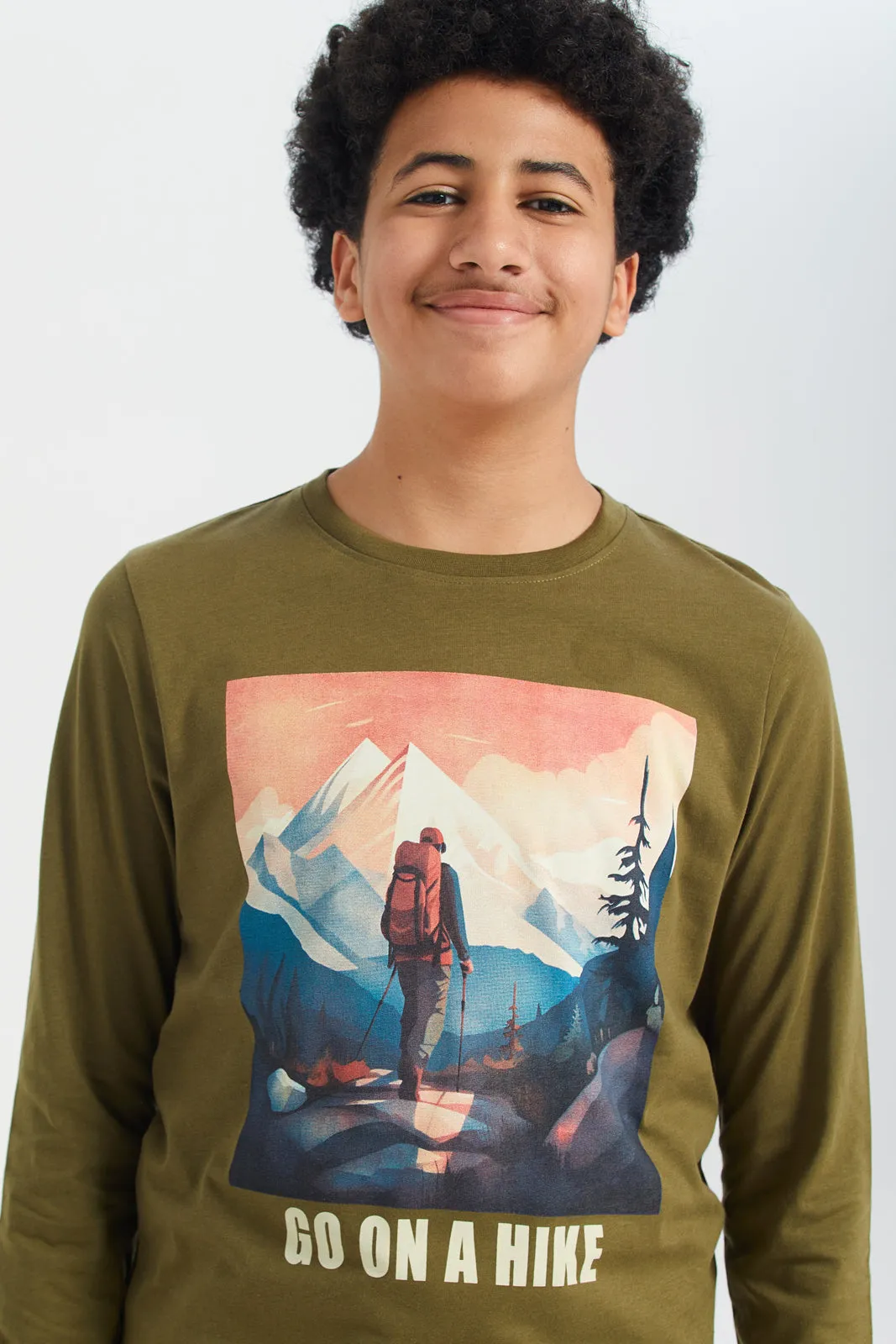 Senior Boys Olive Long Sleeve Graphic T-Shirt
