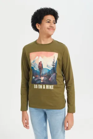 Senior Boys Olive Long Sleeve Graphic T-Shirt