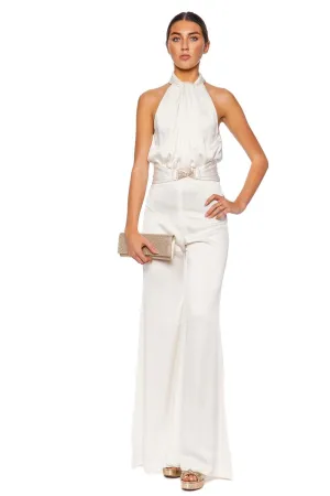 Siv White Satin Halter Jumpsuit
