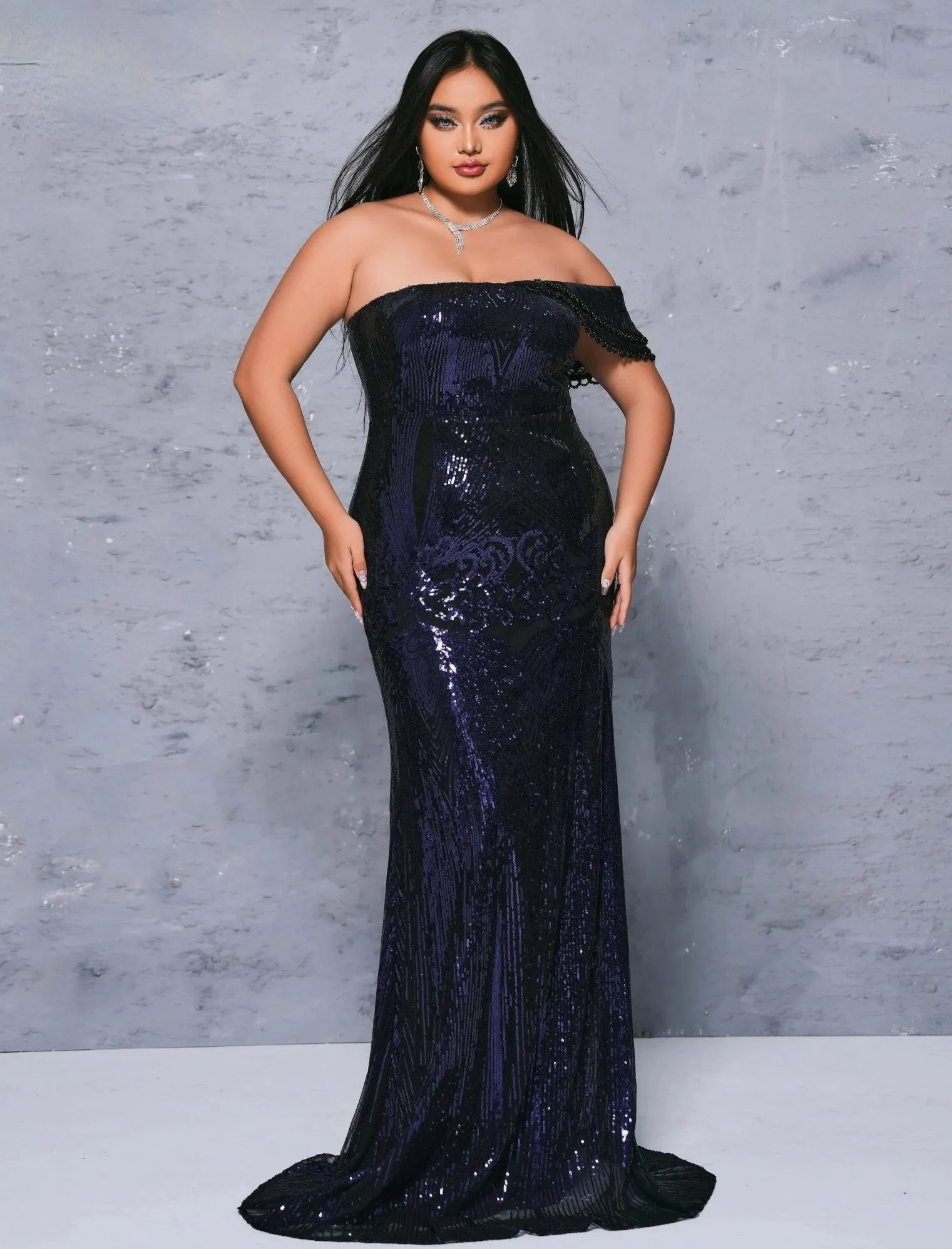 Sleeveless Sequined Dark Blue Mermaid Evening Floor Length Dress