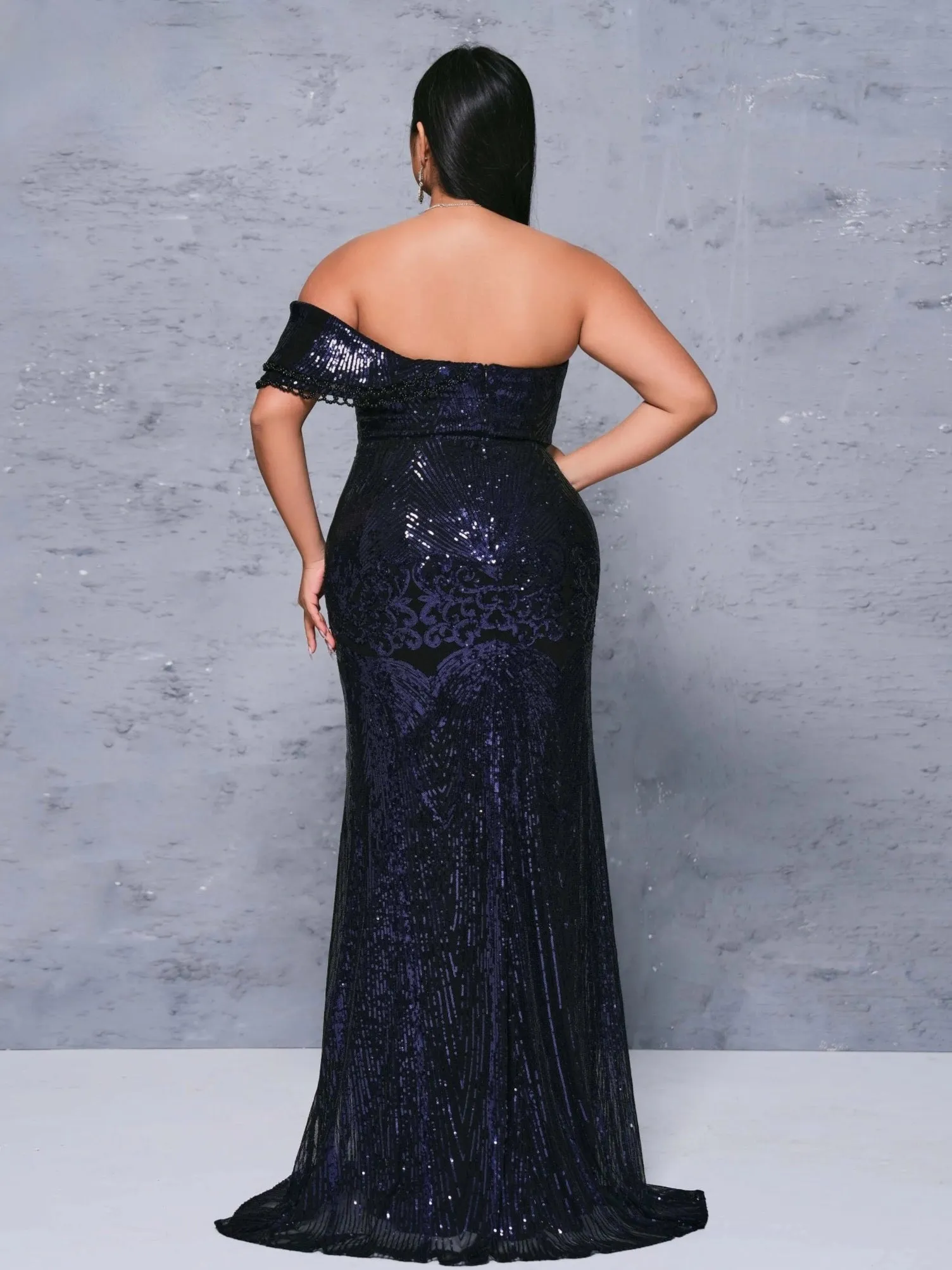 Sleeveless Sequined Dark Blue Mermaid Evening Floor Length Dress