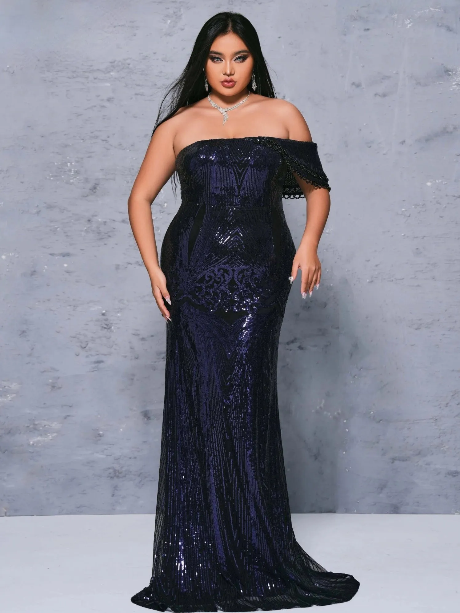 Sleeveless Sequined Dark Blue Mermaid Evening Floor Length Dress