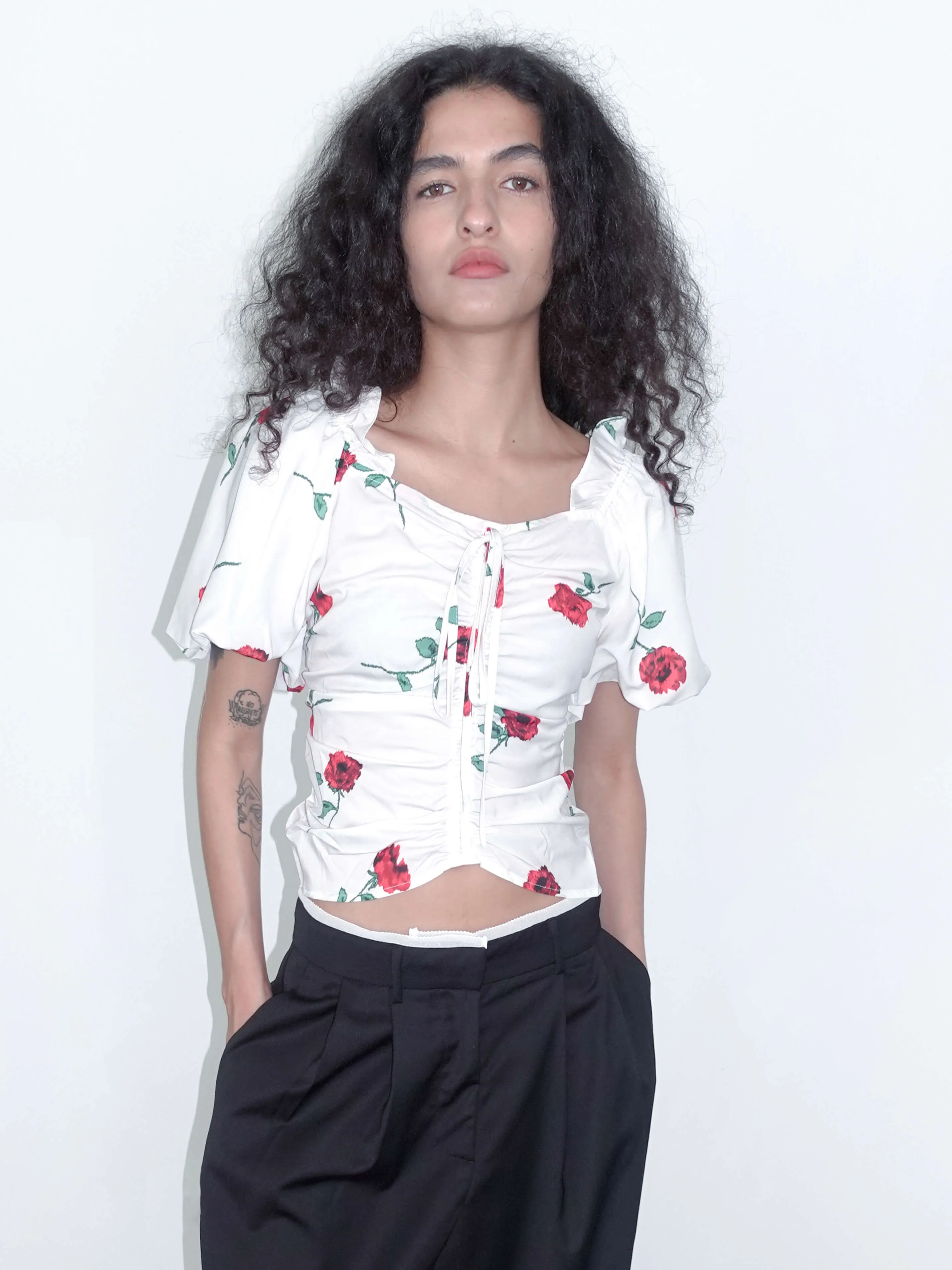 Square Neck Puff Sleeve Flower Print T-shirt