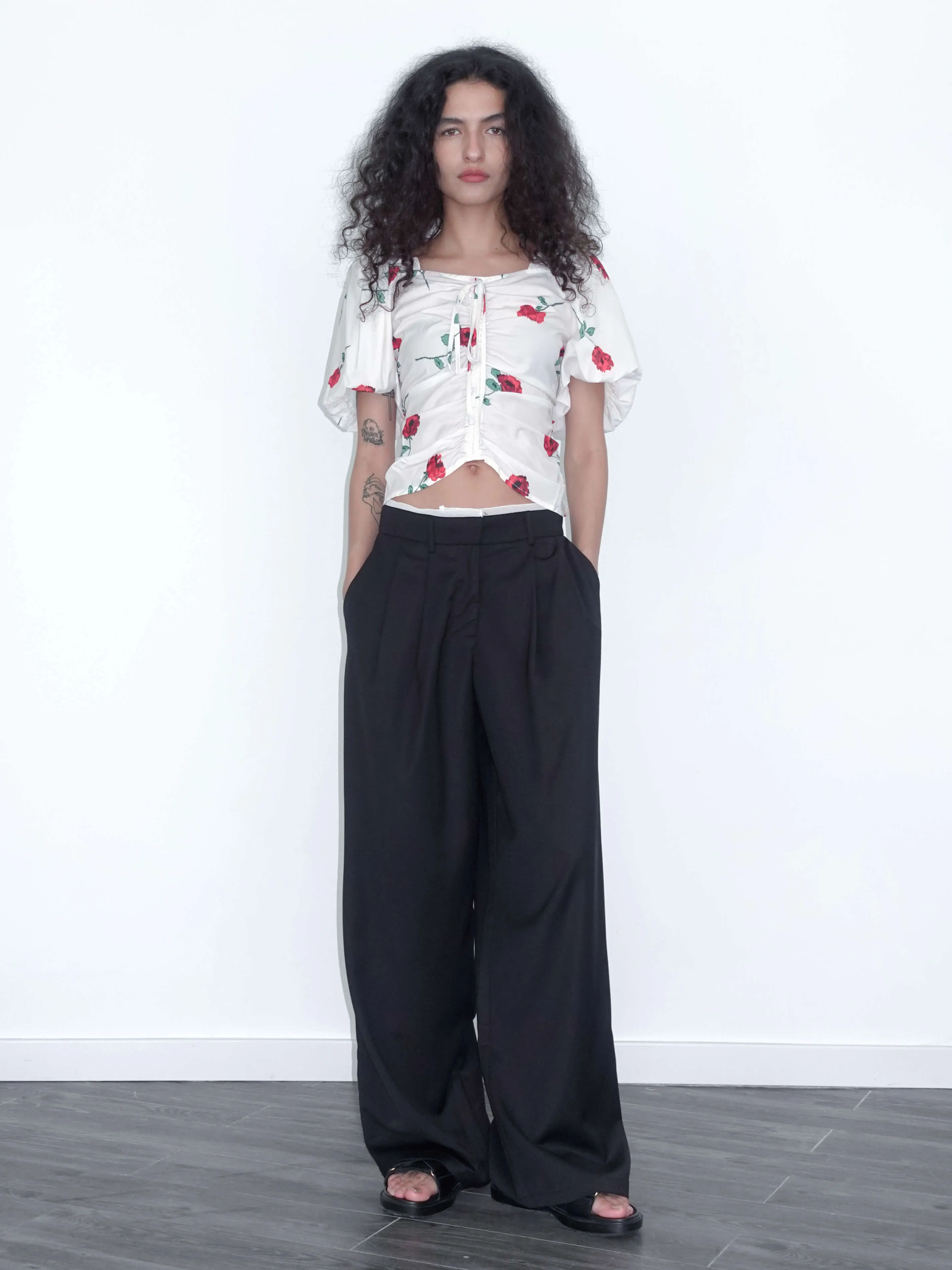 Square Neck Puff Sleeve Flower Print T-shirt