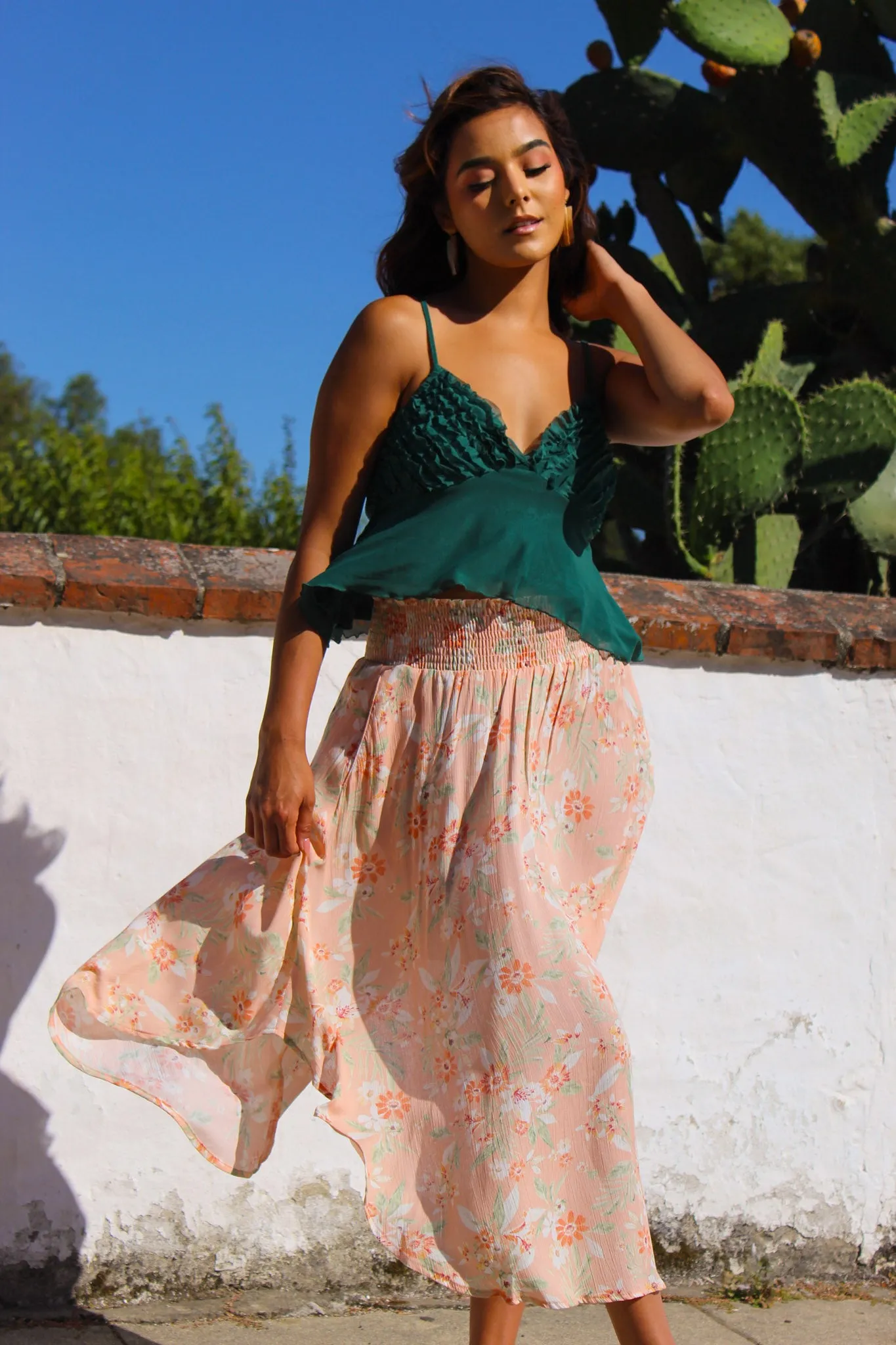 Sunset Stroll Smocked Waist Floral Midi Skirt - Peach/Multi