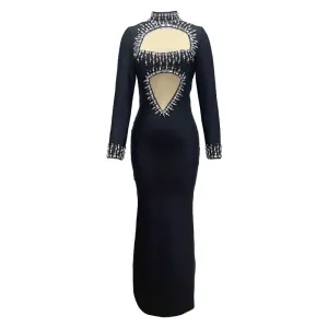 Trend4us Women's High-Neck Crystal Cutout Bodycon Gown