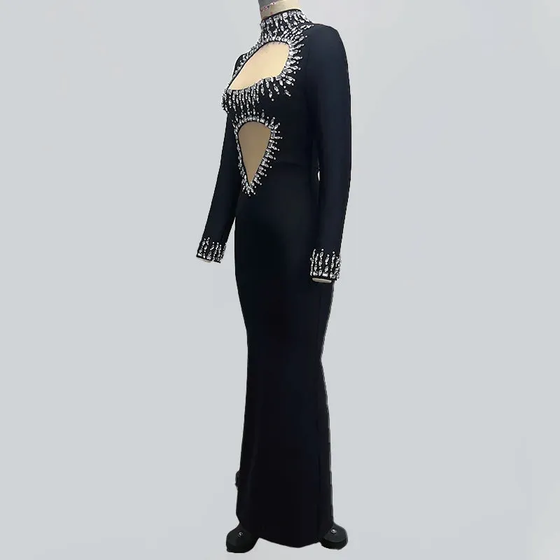 Trend4us Women's High-Neck Crystal Cutout Bodycon Gown