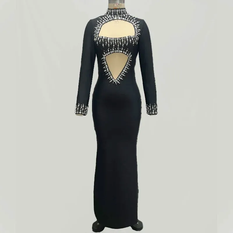 Trend4us Women's High-Neck Crystal Cutout Bodycon Gown