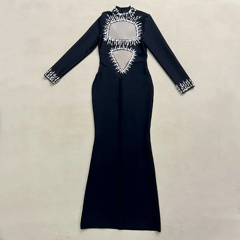Trend4us Women's High-Neck Crystal Cutout Bodycon Gown