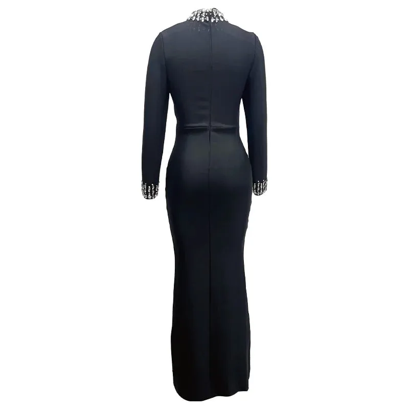 Trend4us Women's High-Neck Crystal Cutout Bodycon Gown