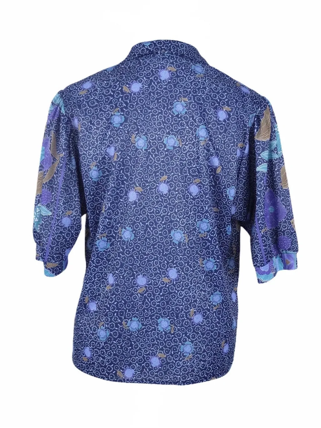Vintage 80s Mod Bohemian Blue & Purple Floral Print Half Puff Sleeve Collared Button Up Shirt