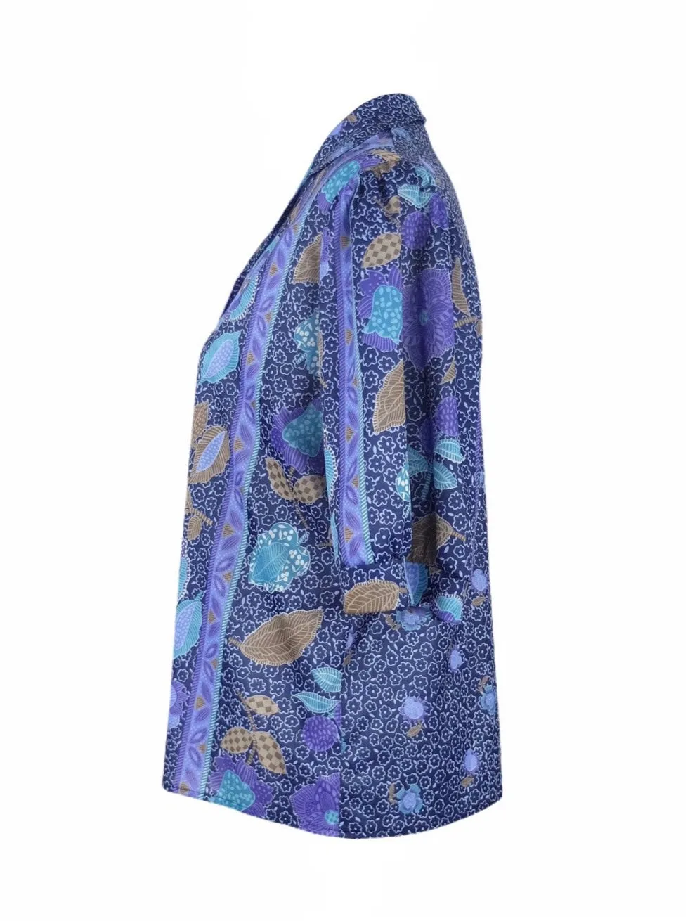 Vintage 80s Mod Bohemian Blue & Purple Floral Print Half Puff Sleeve Collared Button Up Shirt