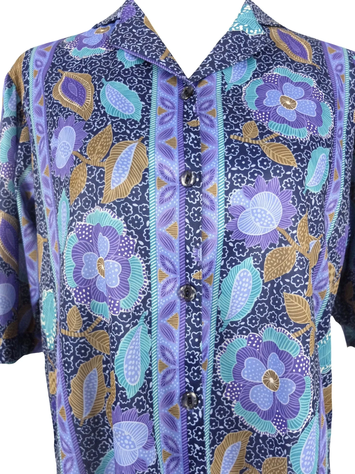 Vintage 80s Mod Bohemian Blue & Purple Floral Print Half Puff Sleeve Collared Button Up Shirt