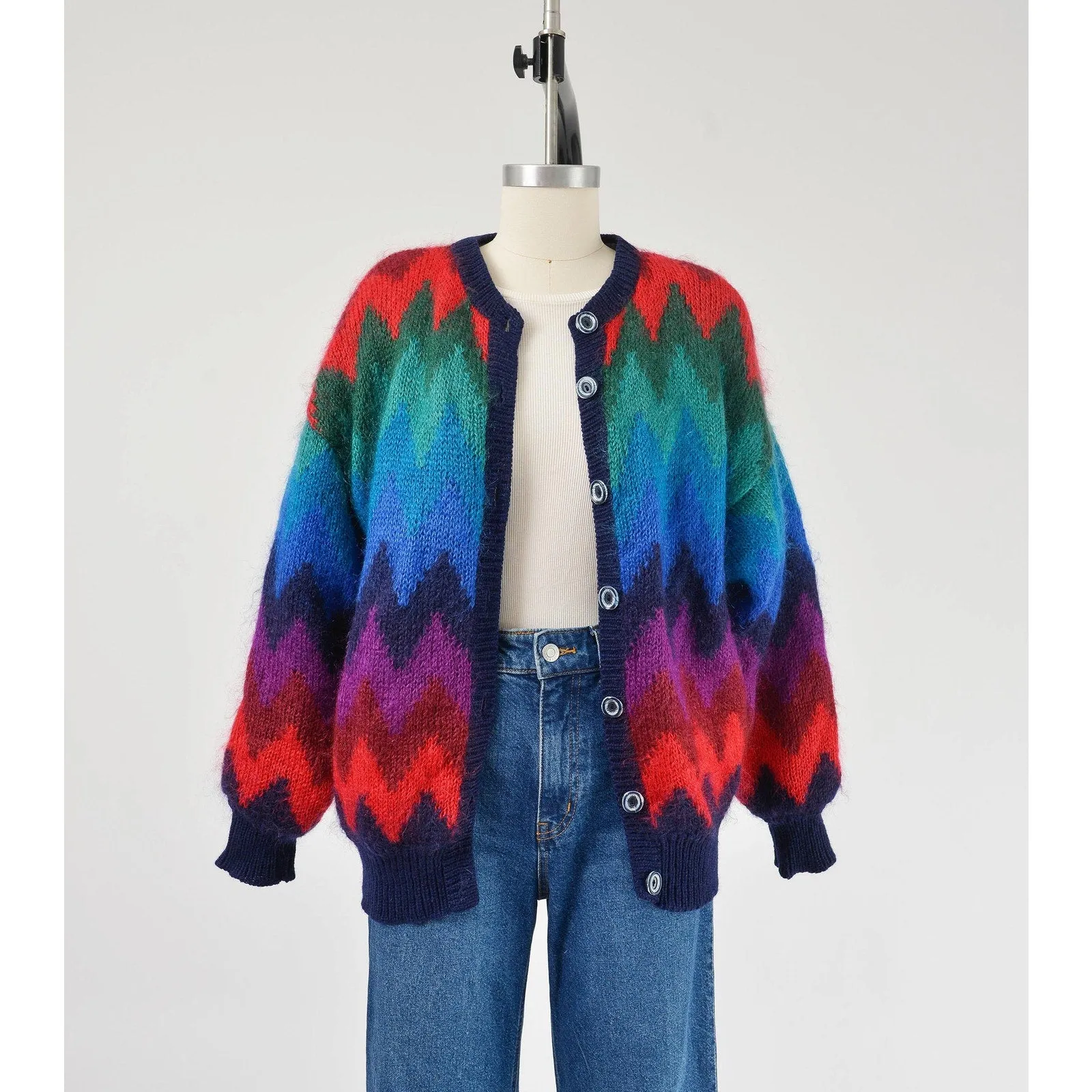 Vintage 90s Zig Zag Chevron Striped Mohair Sweater Jacket Button Down Front Cardigan size Medium
