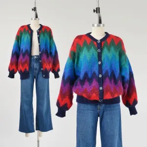 Vintage 90s Zig Zag Chevron Striped Mohair Sweater Jacket Button Down Front Cardigan size Medium