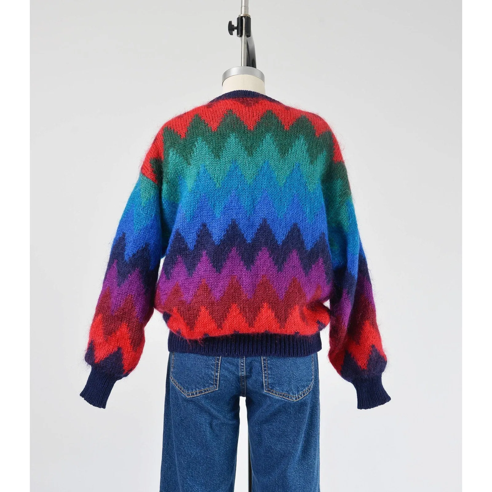 Vintage 90s Zig Zag Chevron Striped Mohair Sweater Jacket Button Down Front Cardigan size Medium