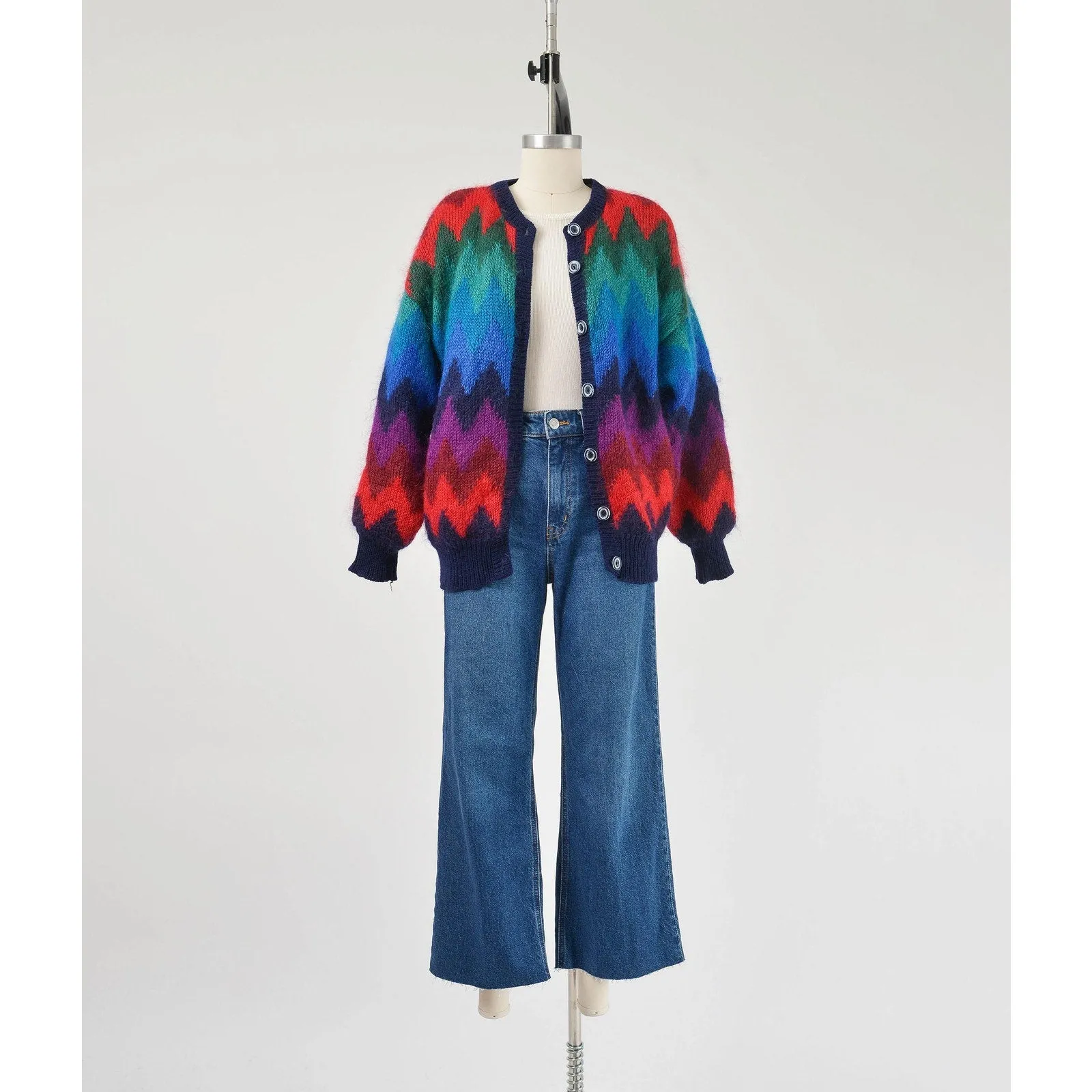 Vintage 90s Zig Zag Chevron Striped Mohair Sweater Jacket Button Down Front Cardigan size Medium