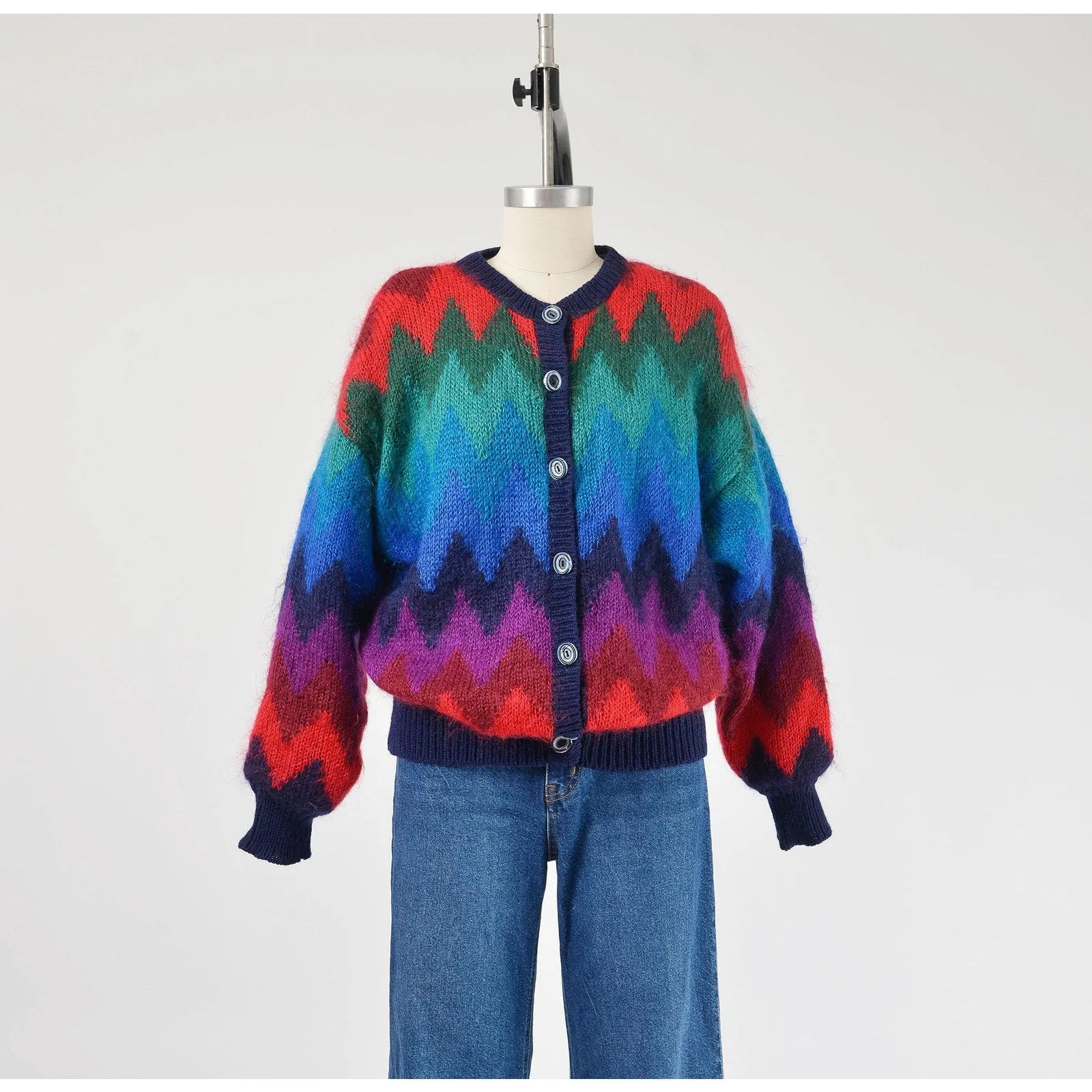 Vintage 90s Zig Zag Chevron Striped Mohair Sweater Jacket Button Down Front Cardigan size Medium